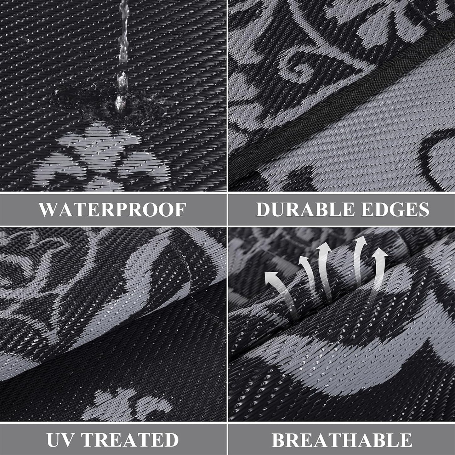 Pauwer Waterproof Outdoor Rug 6x9, Reversible Plastic Straw Patio Camping Rug, Indoor Outdoor RV Mat Carpet for Deck, Camper, Porch, Balcony, Backyard, Picnic, Boho Black Grey