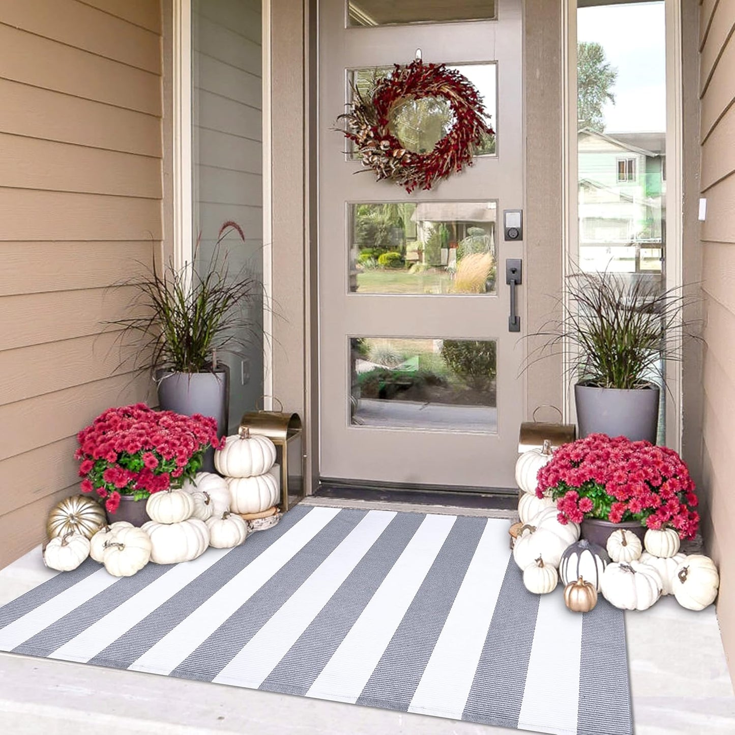 IOHOUZE Grey White Striped Rug -3X5 Front Door Mats Outdoor,Washable Rug for Front Porch Decor,Spring Summer Welcome Mats Outdoor Indoor, Doormat for Farmhouse/Entryway/Home Entrance