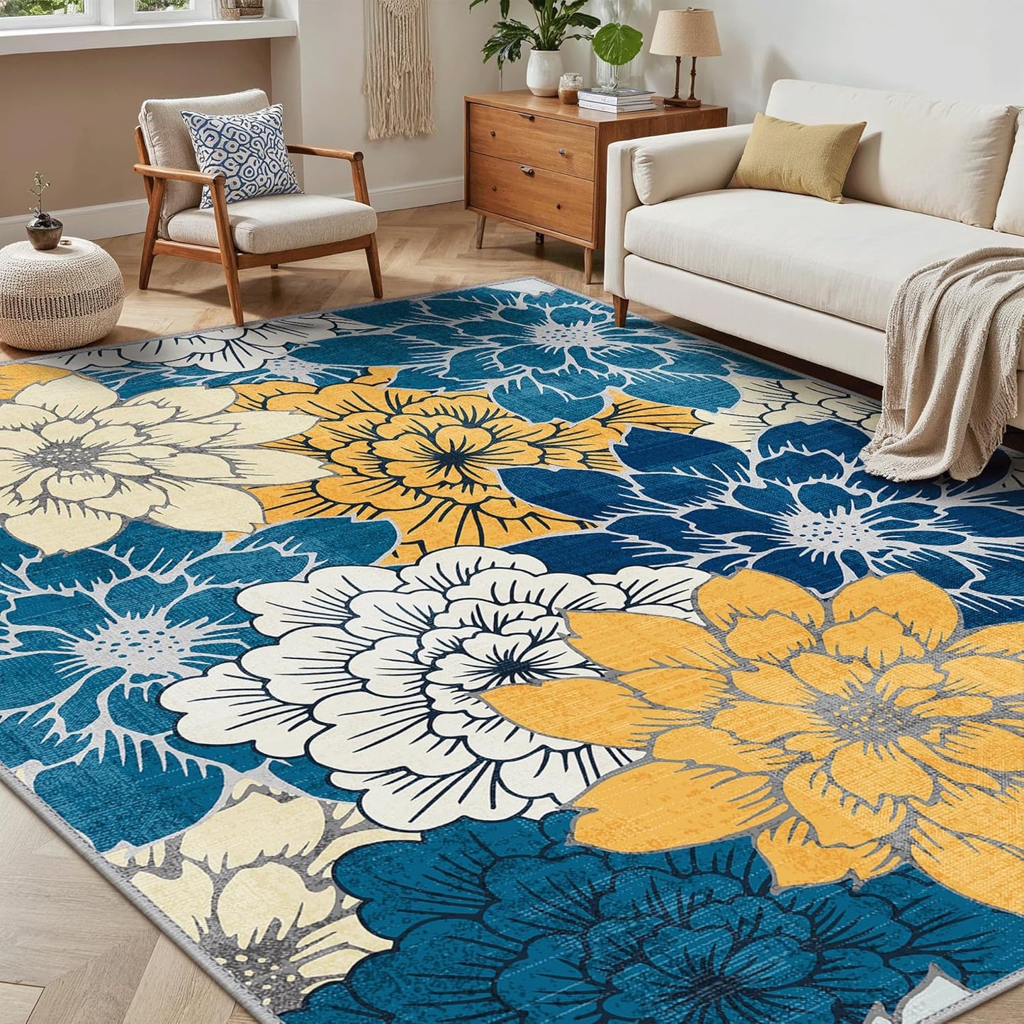 GENIMO Indoor Outdoor Area Rug 8' X 10' Waterproof, Washable Patio Rug Non Shedding, Easy Cleaning Floral Outdoor Carpet for Living Room, Bedroom, Dining Room, Balcony, Backyard, Deck, RV, Blue