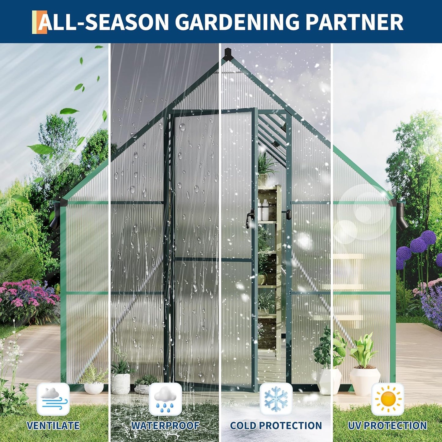 8'X14' Aluminum-Framed Polycarbonate Greenhouse, Heavy Duty Polycarbonate Greenhouse with Quick Setup Structure and Roof Vent, Large Enhanced Aluminum Greenhouses Kit for Outdoors