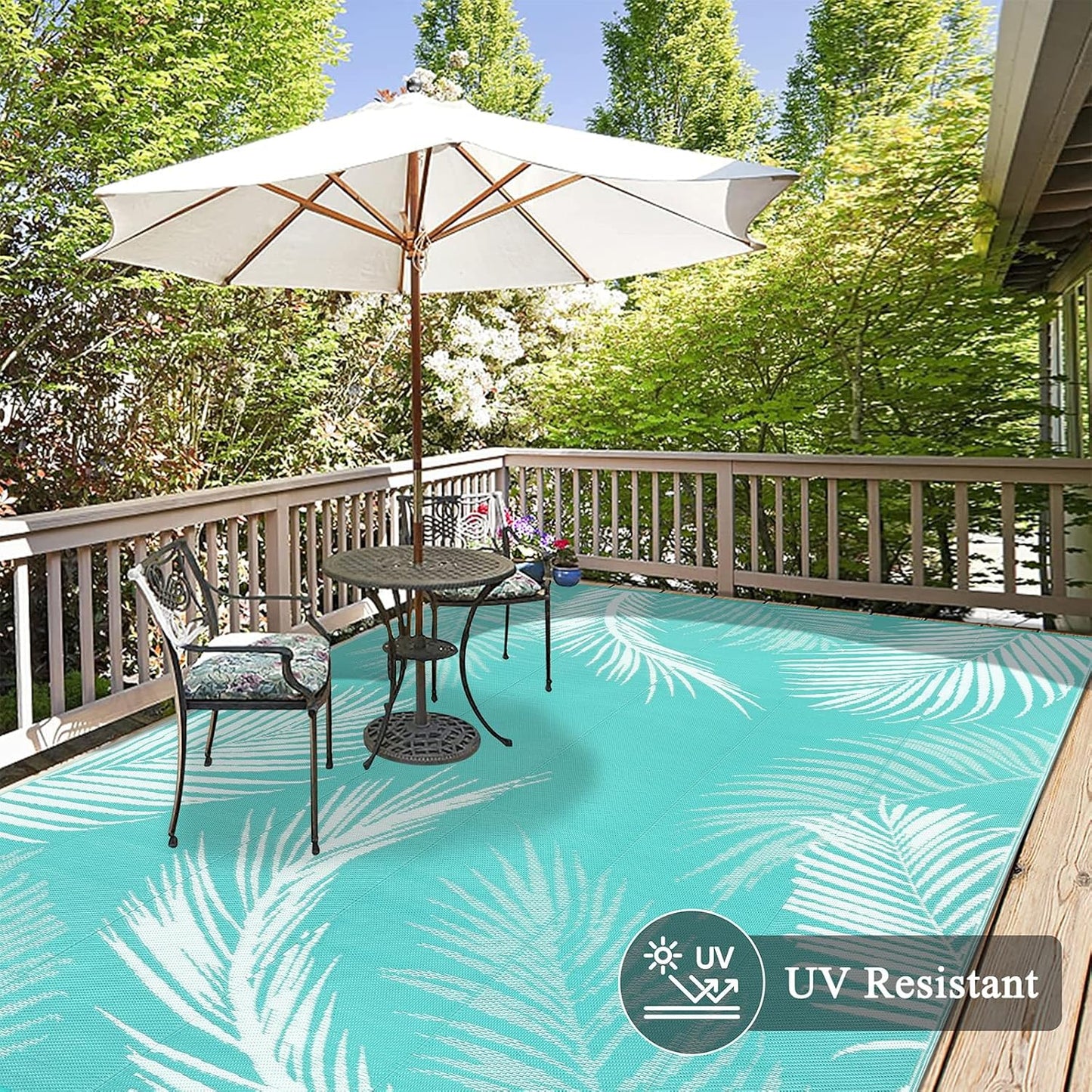 Pauwer Waterproof Outdoor Rug 6x9, Reversible Plastic Straw Patio Camping Rug, Indoor Outdoor RV Mat Carpet for Deck, Camper, Porch, Balcony, Backyard, Picnic, Leaf Light Blue