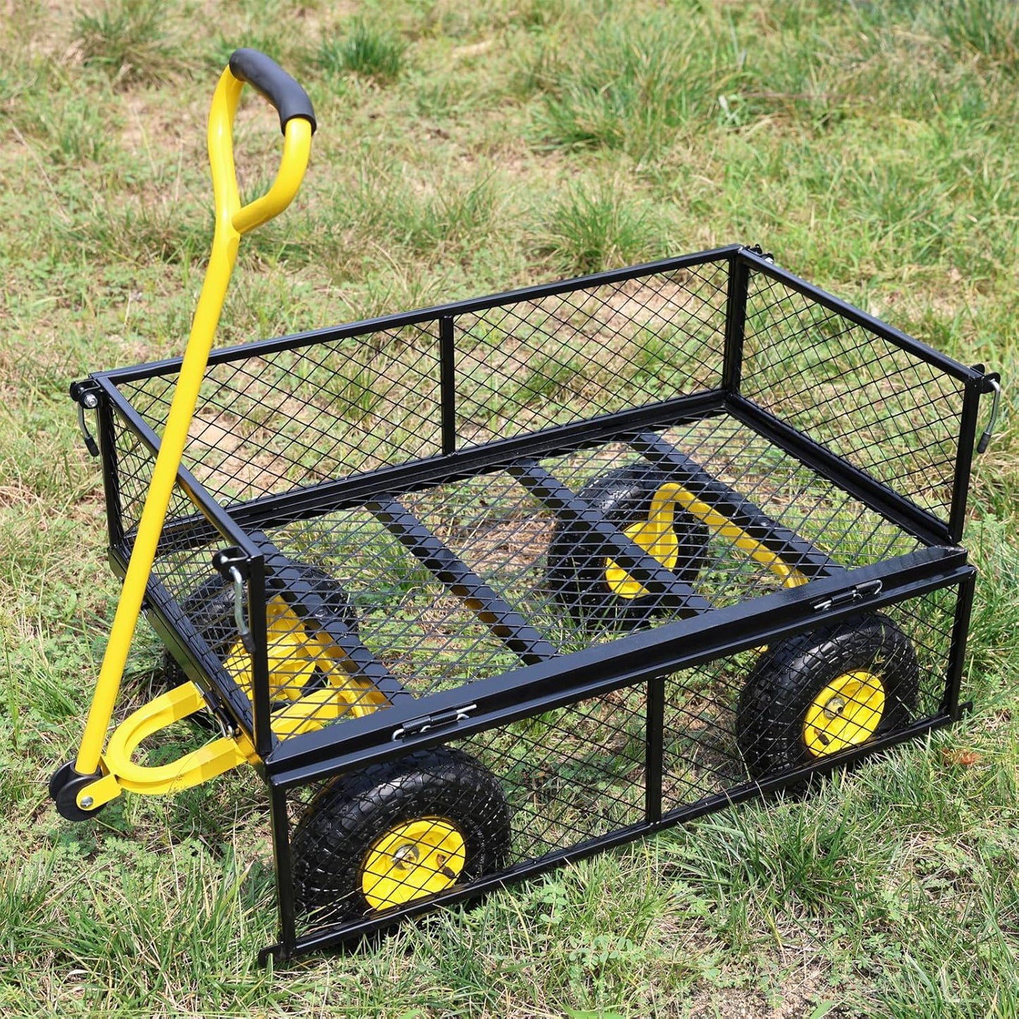 Wagon Removable Sides - Farm, Warehouse, Yard Dump Cart - Yellow+Black Air Wheels