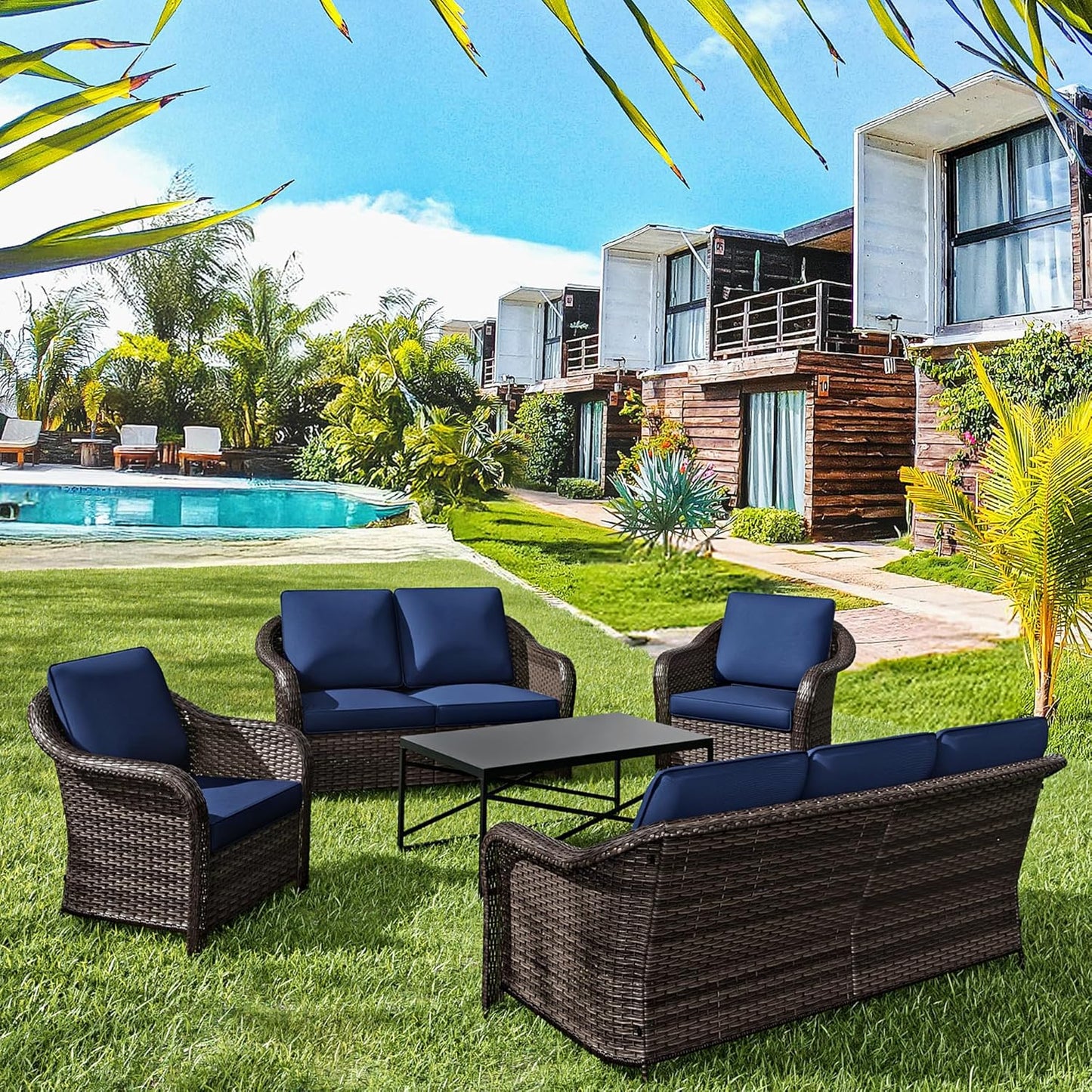 5 Pieces Outdoor Patio Rattan Conversation Furniture Set with Cushions, 78" 3-Seat Wicker Sofa, 55" 2-Seat Couch, 2 Armchairs, Metal Coffee Table for Garden (Navy Blue)