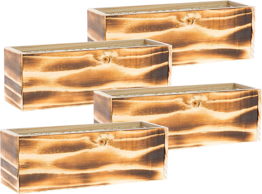 Wooden Planter Box, Rustic Barn Wood/Whitewash with Plastic Liner l Garden Decor l Restaurant and Wedding Decorations l Table Centerpiece (12x4 Set of 4, Burned Wood)