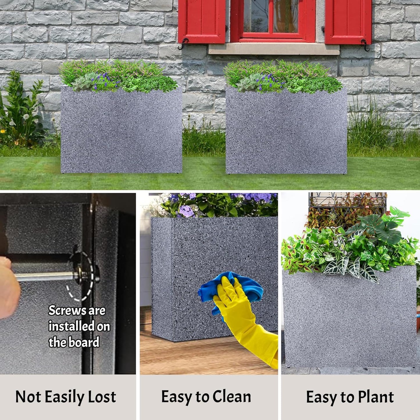 Metal Rectangular Planter Box, Galvanized Steel Tall Planters for Outdoor Plants, 35.5"x 10"x 28" Terrazzo Outdoor Planters for Porch/Patio/Garden