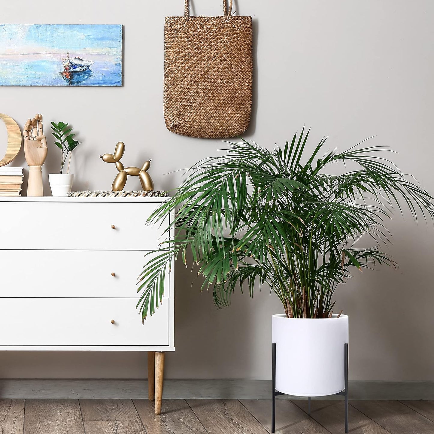 D'vine Dev Modern White Plants Pot Cylinder Planter with Heavy Duty Stand, Large 12 Inch Pot, 18.9 Inch with Stand Height, 96-T-A-3