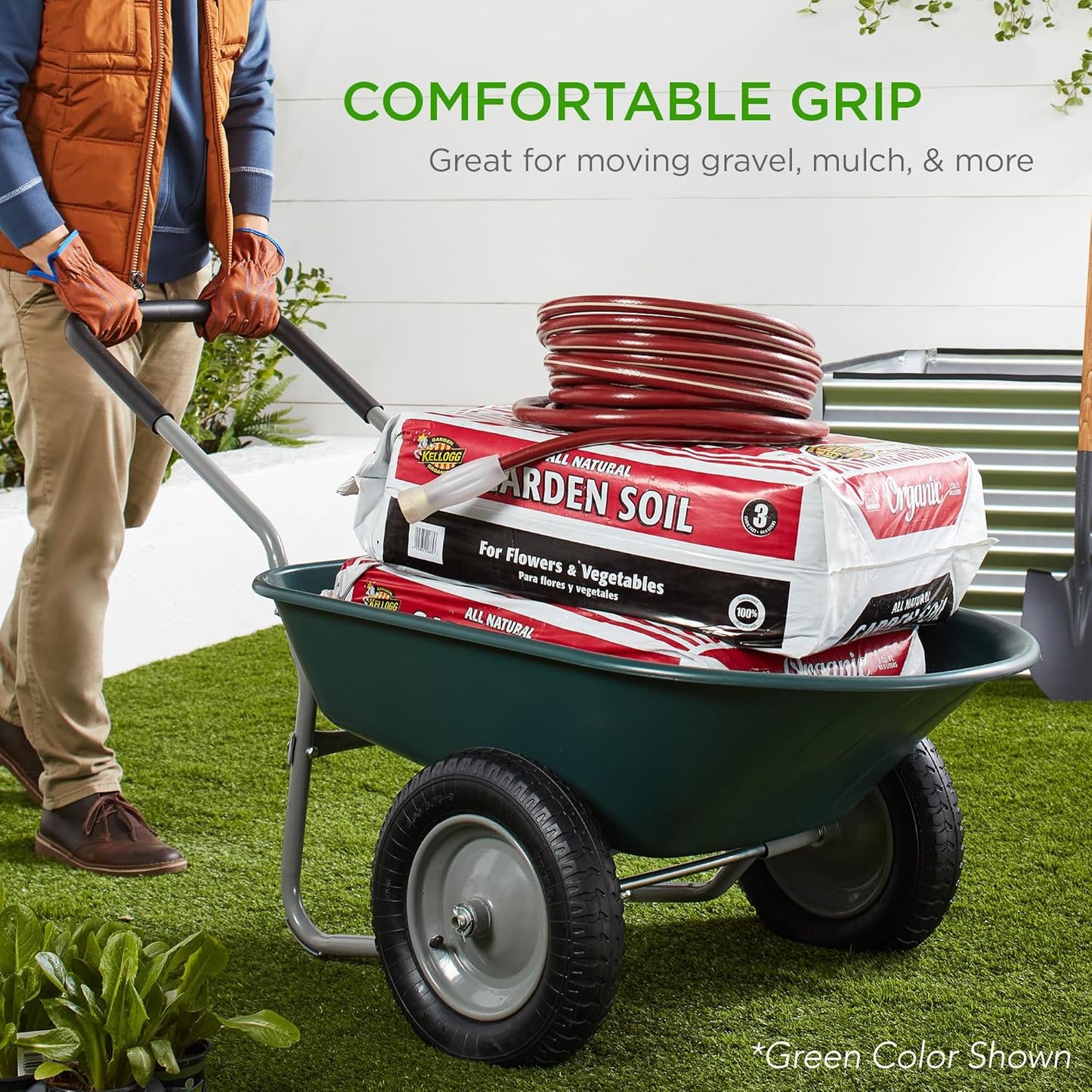 Best Choice Products Dual-Wheel Home Utility Yard Wheelbarrow Garden Cart w/Built-in Stand for Lawn, Gardening, Construction - Gray