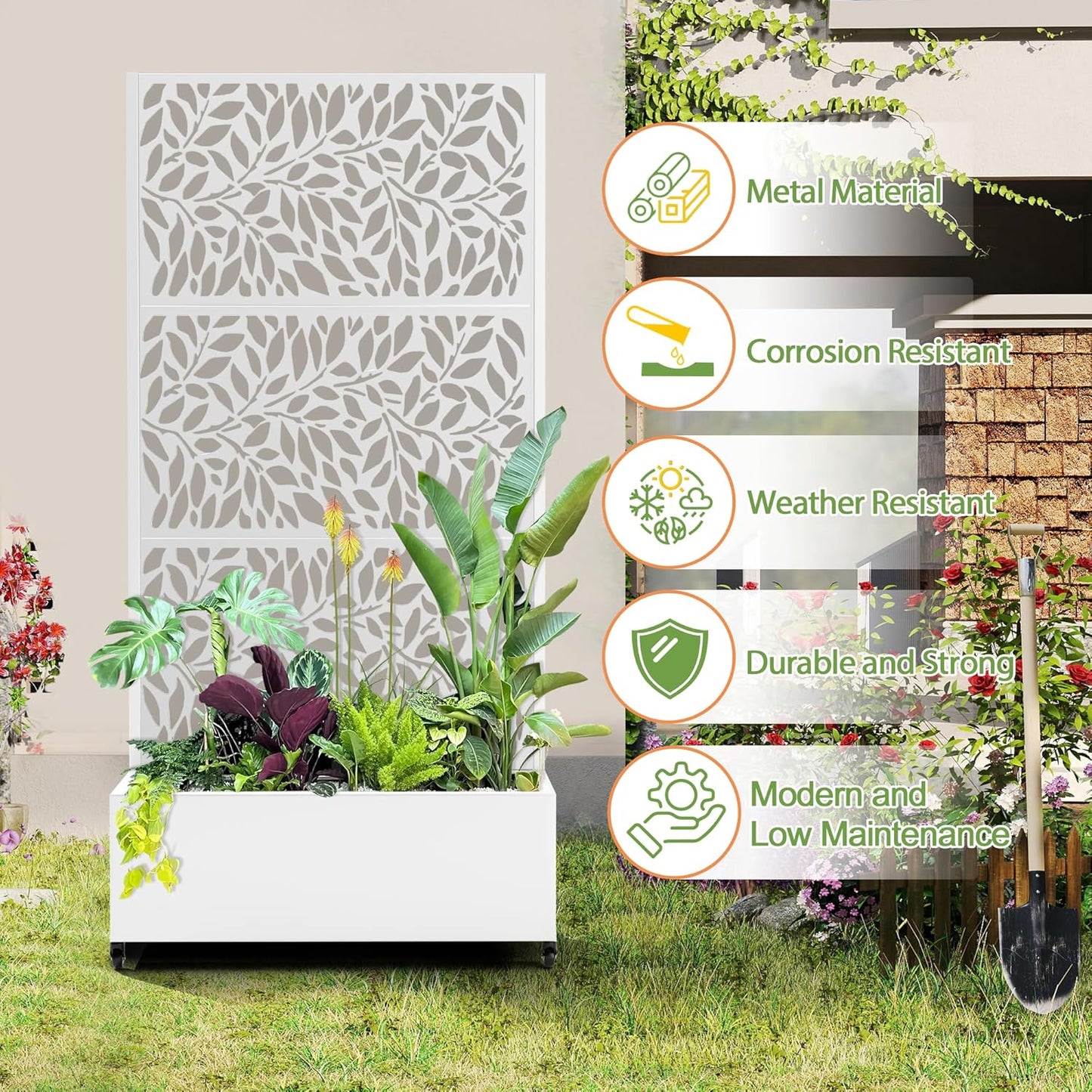 Raised Garden Bed with Trellis and Wheels,73"x35"x16" Metal Raised Garden Bed,White Flowing Leaf-2 Metal Planter with Climbing Trellis for Vines & Vegetables