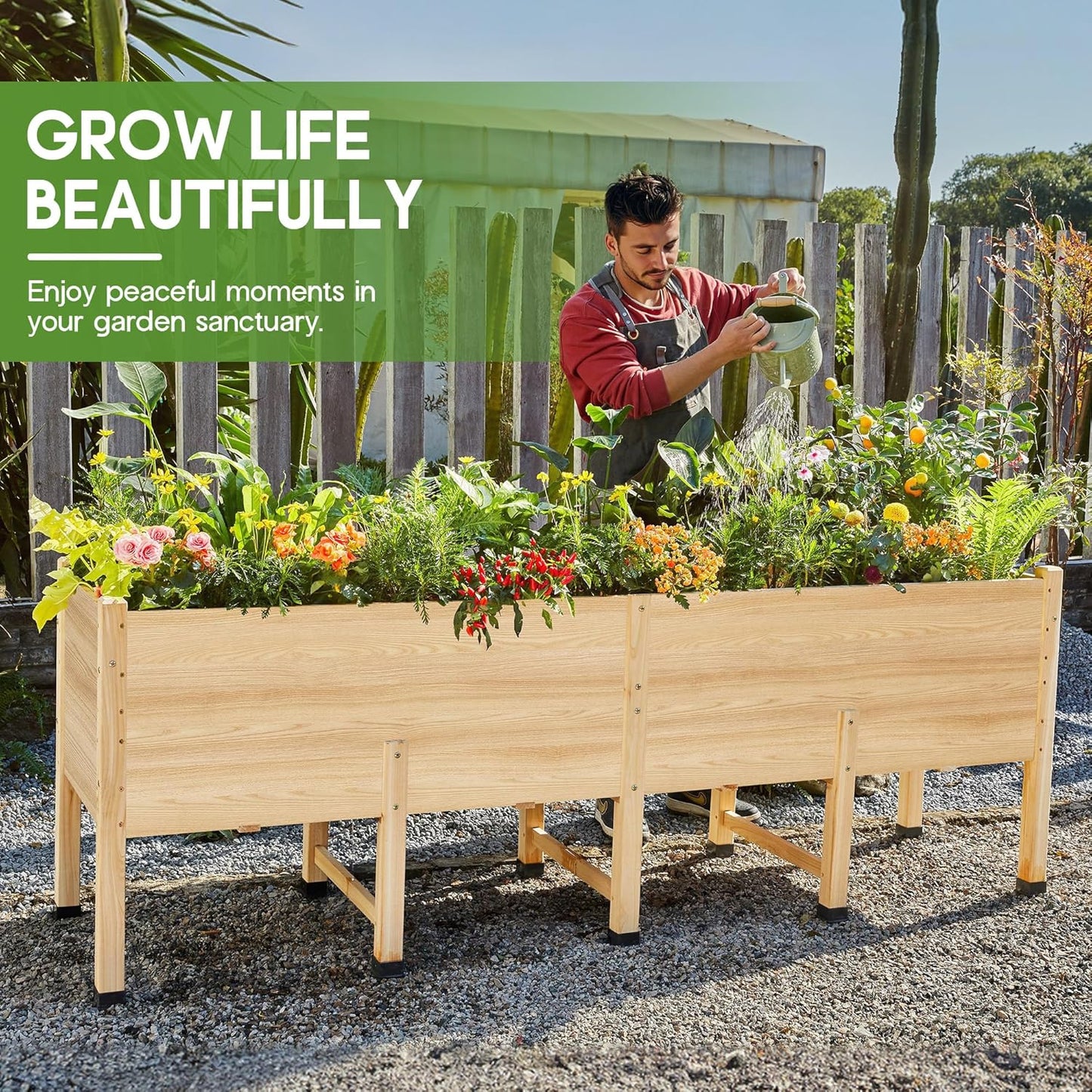 Amerlife 8x2 Ft Raised Garden Bed, 16 Inch Depth Featuring Legs, Drainage Holes, Ideal for Vegetables, Flowers, Herbs, Elevated Wood Planter Box for Balcony, Patio, Backyard, Easy Assembly