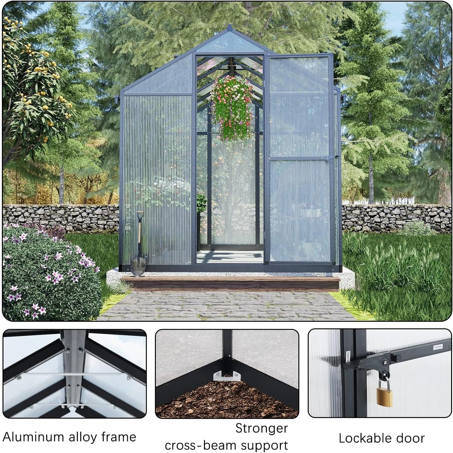 BPS 6' x 10' Walk-in Polycarbonate Greenhouse with Heavy-Duty Aluminum Frame, 2 Vent Windows & Lockable Door for Outdoor, Patio, Backyard, and Garden Use