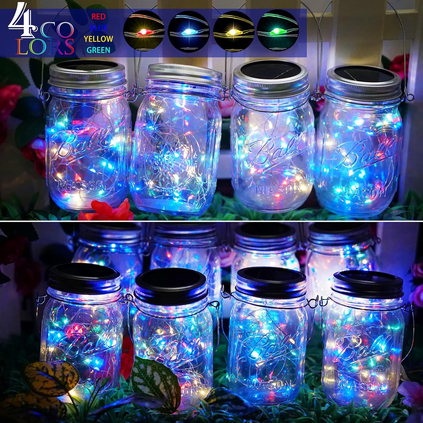 SunKite Solar Mason Jar Lights [Updated], 8 Pack 20 LED Waterproof Fairy Firefly Jar Lids String Lights with Hangers(NO Jars), Patio Yard Garden Wedding Decoration(Multi-Colored)