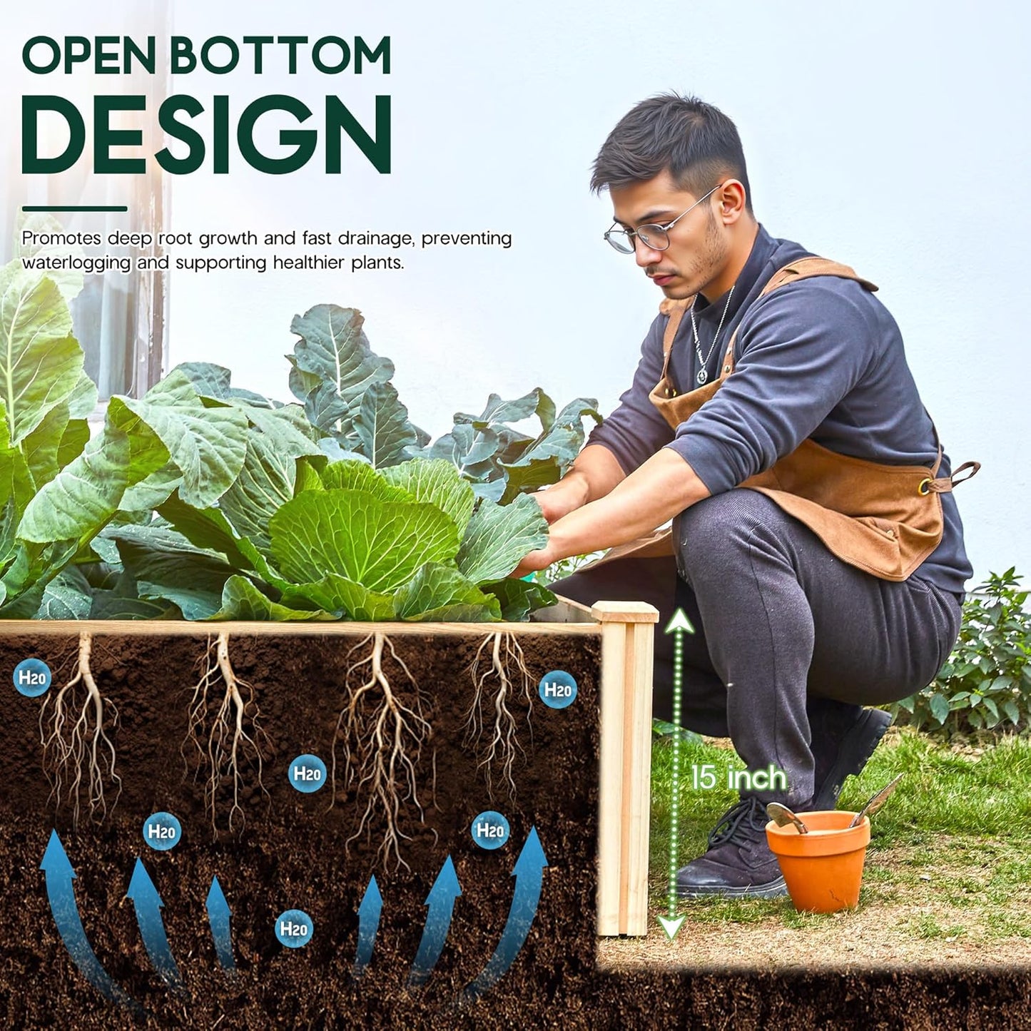 SPECRAFT 8x4 Ft Wood Raised Garden Bed, Durable 15 Inch Depth Planter Box for Vegetables, Herbs, and Flowers, Ideal for Outdoor Gardening with Open Base