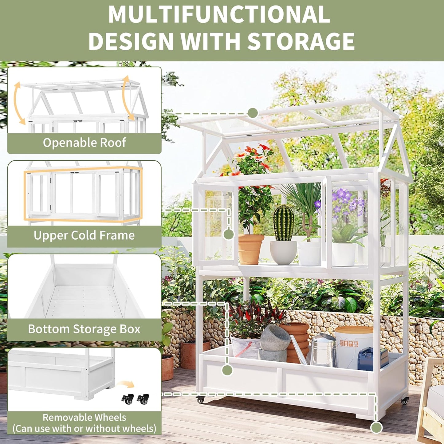 Portable Cold Frame Greenhouse with Wheels , Wooden Mini Greenhouse Cabinet for Gardens & Balconies , Openable Roof Design & Built-in Storage Box ,Easy-to-Move & Durable (White)