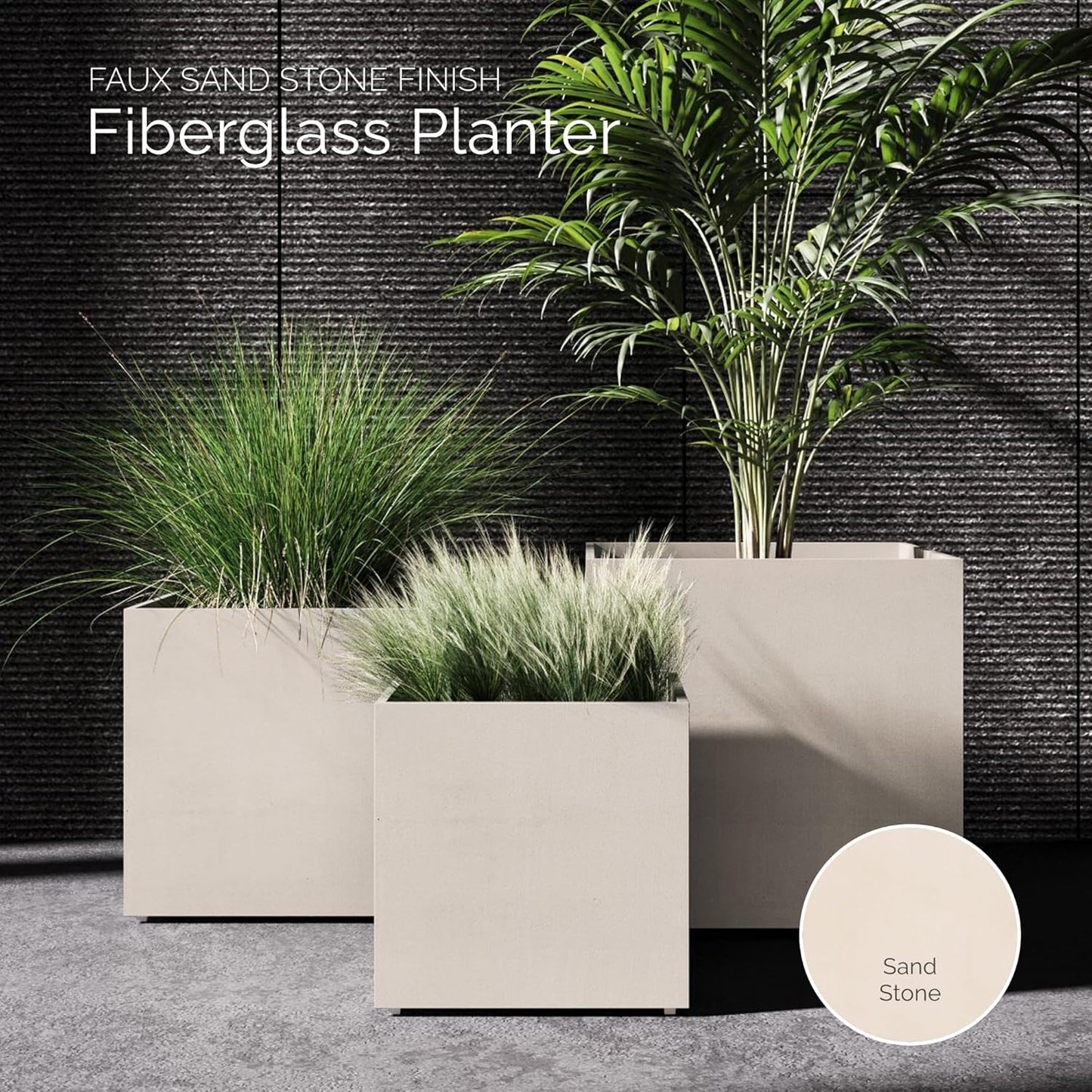 Reglito Cube Planter – Fiberglass Indoor/Outdoor and Weather-Resistant Large Planter (Sand Stone, 39.4" L x 39.4" W x 40" H)