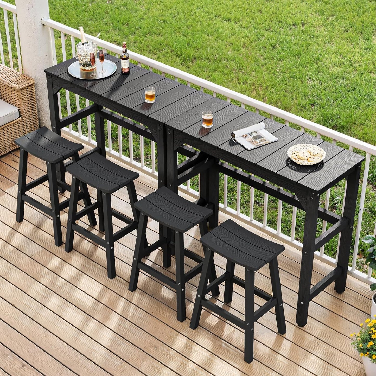 3 Piece Outdoor Bar Set, 42" Rectangular Pub Height High Top Bar Table & 2 Outdoor Bar Stools for Patio, Garden, Poolside and Bistro, Weatherproof, Black