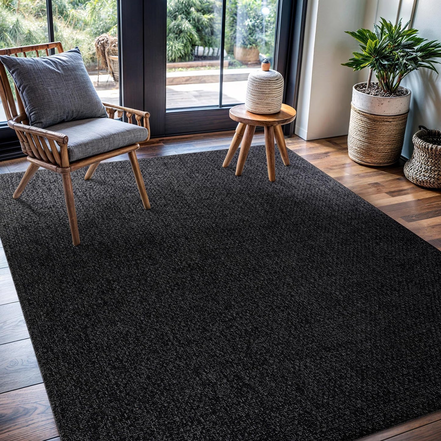CAMILSON Easy Jute Rug 5x7, Indoor Outdoor Dark Gray Black Farmhouse Area Rugs for Living Room Patio and Kitchen Rug, Solid Boho Woven Design, Easy-Cleaning, Washable Outside Carpet Alfombras (5 x 7)