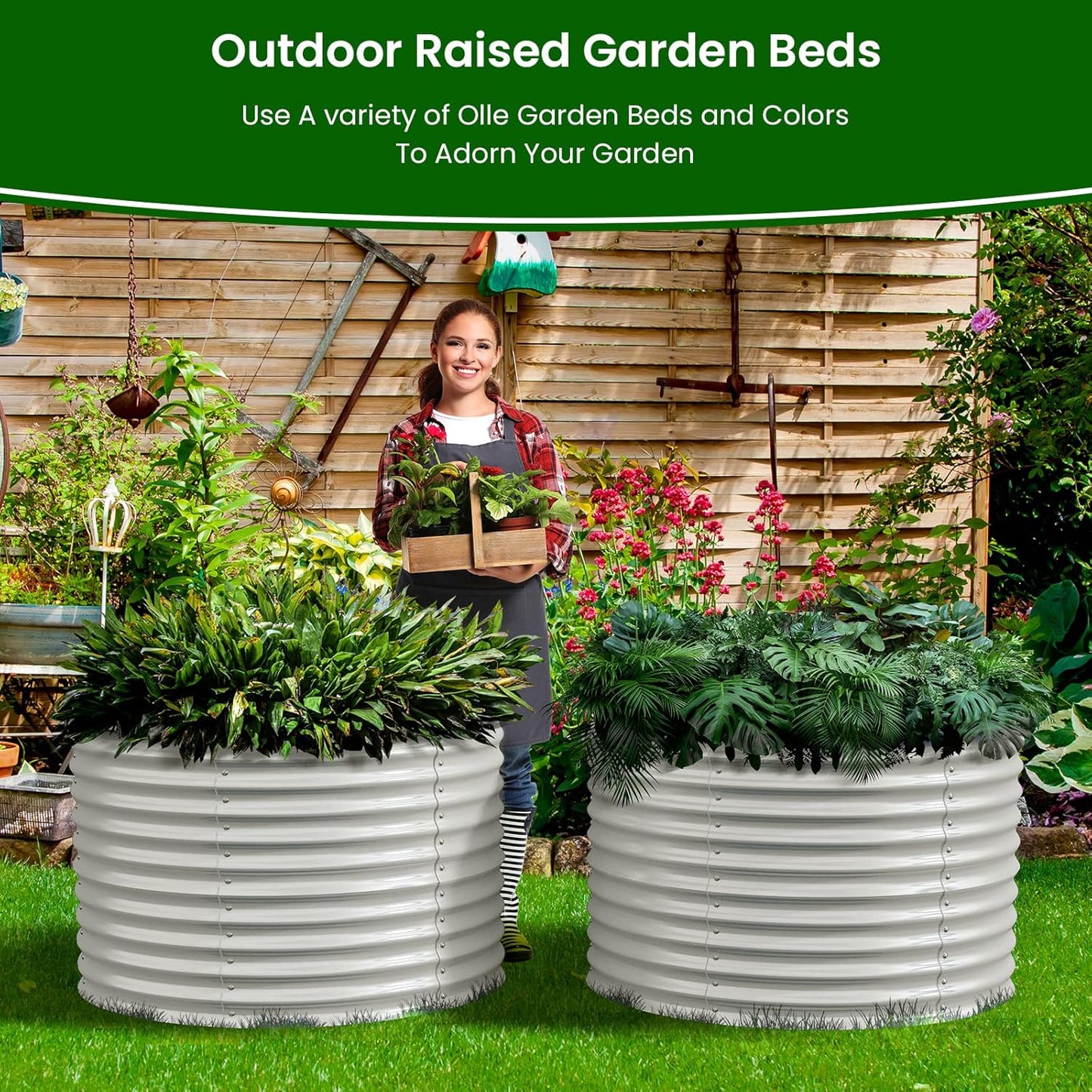 Olle 32" Tall, Raised Beds for Gardening Galvanized Raised Garden Beds Round Garden Bed Metal Flower Bed Outdoor, Backyard Garden Planter Box, Ivory