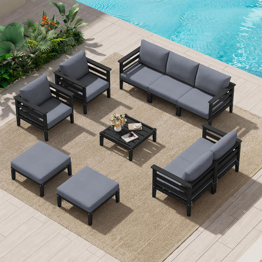SERWALL HDPE Patio Furniture Set, 10 Pieces Outdoor Sectional Sofa Set, All-Weather Wood-Like Outdoor Sofa Couch with Coffee Table for Deck, Lawn, Black Frame with Grey Cushion