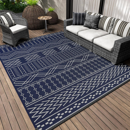 Outdoor Rug Carpet Waterproof 5x8 ft Patio Rug Mat Indoor Outdoor Area Rug for RV Camping Picnic Reversible Lightweight Plastic Straw Outside Rug for Patio Decor Decoration Boho Rug Navy Blue White