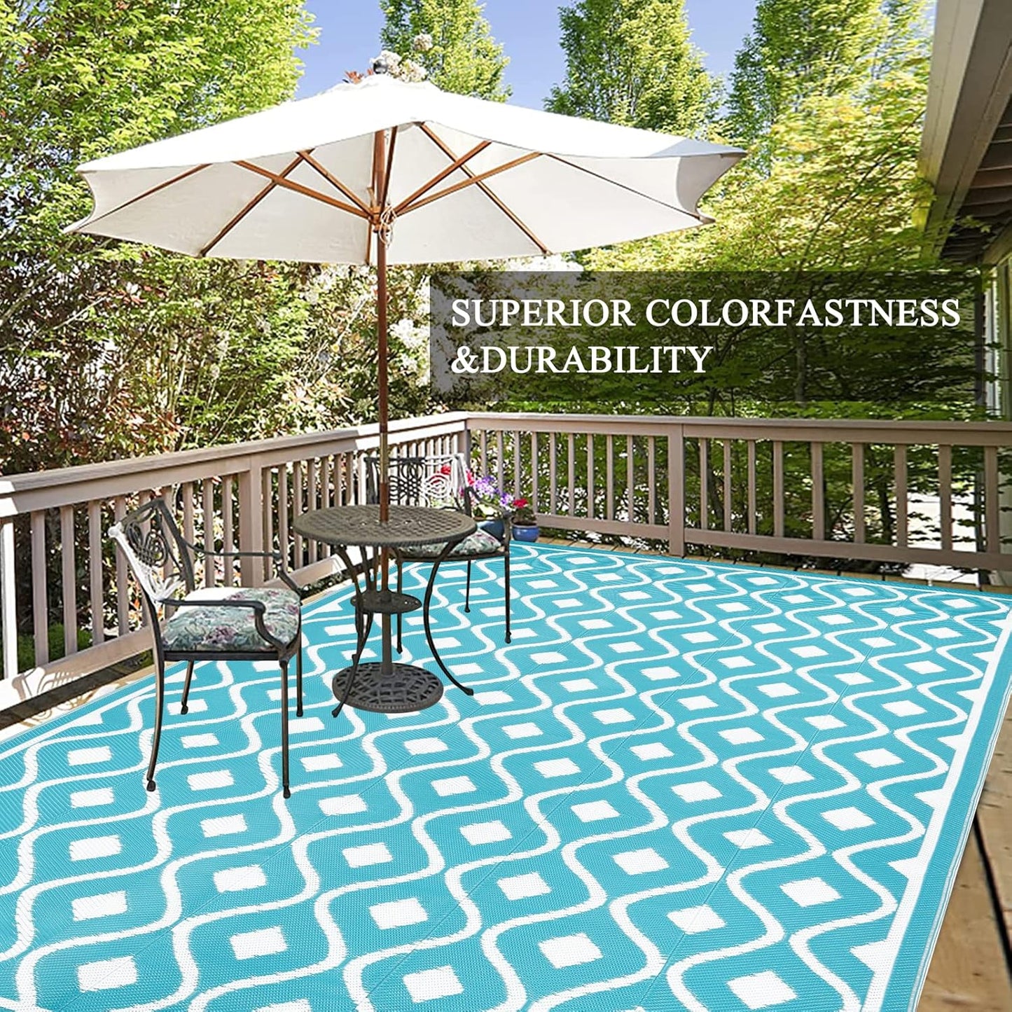 Pauwer Waterproof Outdoor Rug 9x12, Reversible Plastic Straw Patio Camping Rug, Indoor Outdoor RV Mat Carpet for Deck, Camper, Porch, Balcony, Backyard, Picnic, Geometric Teal