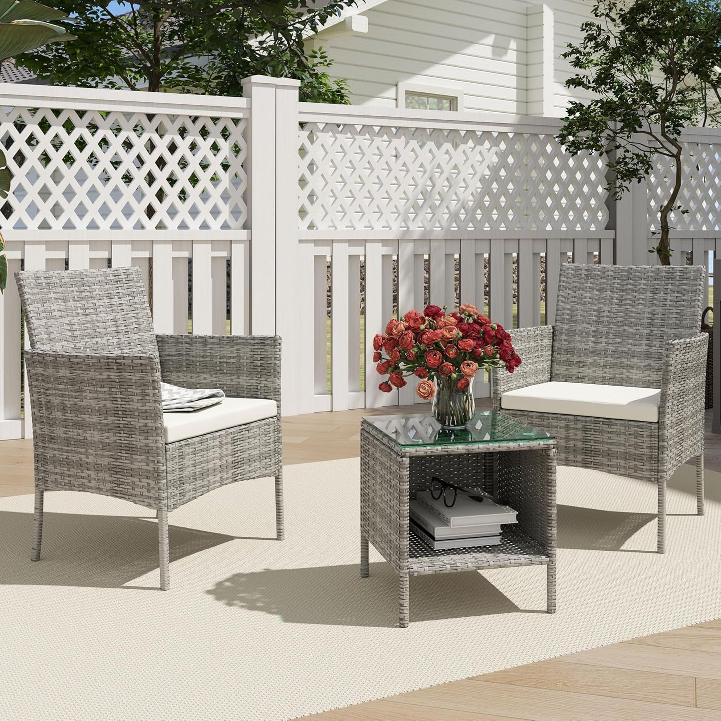 3 Piece Patio Furniture Set - Outdoor Conversation Sets with Coffee Table, Rattan Chair Set for Garden/Poolside, Beige/Brown