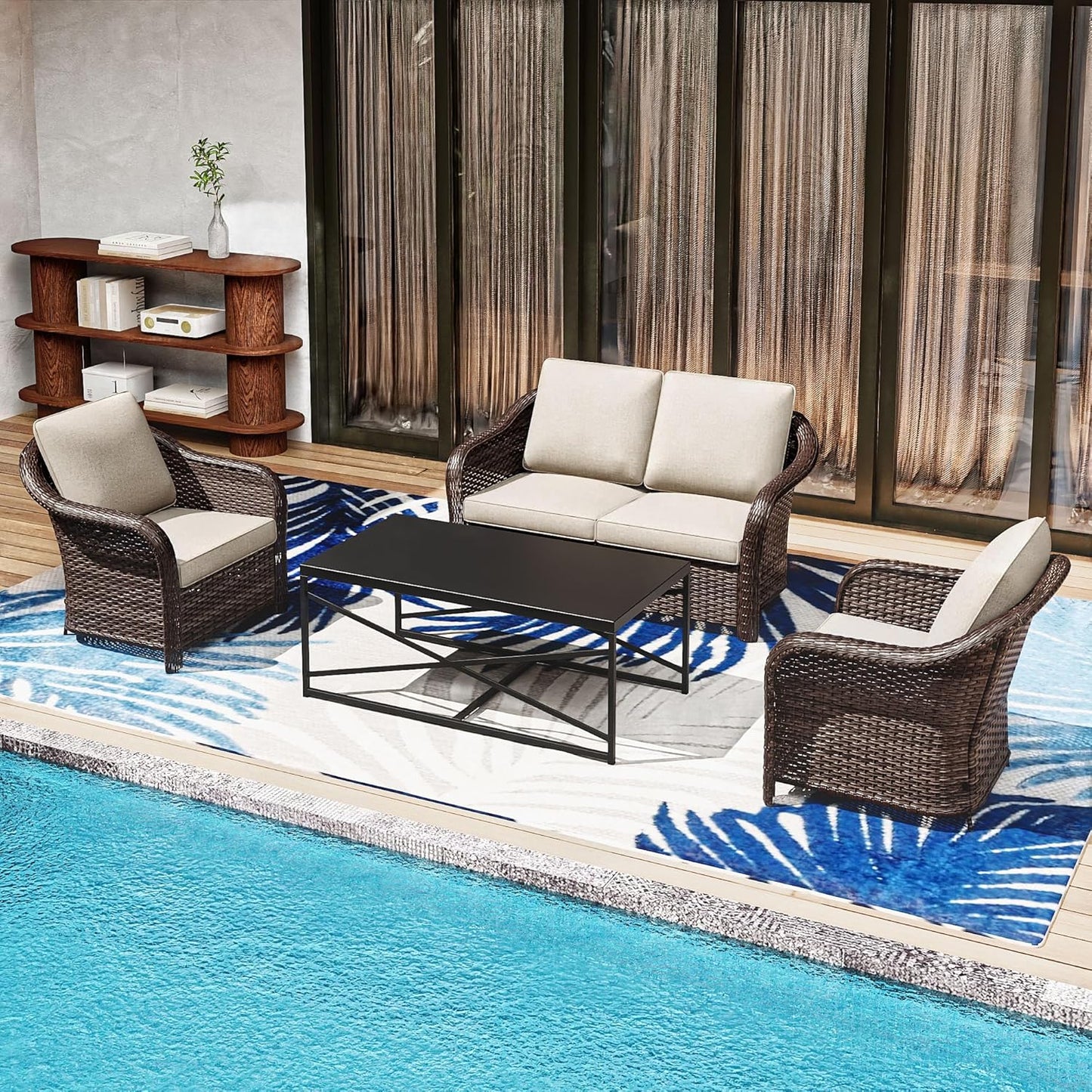 4 Pieces Outdoor Conversation Furniture Set, 55" Patio Couch，47" Metal Coffee Table, 2 Chairs, Rattan Wicker Sofa with Removable Cushions for Bistro, Deck (Beige)