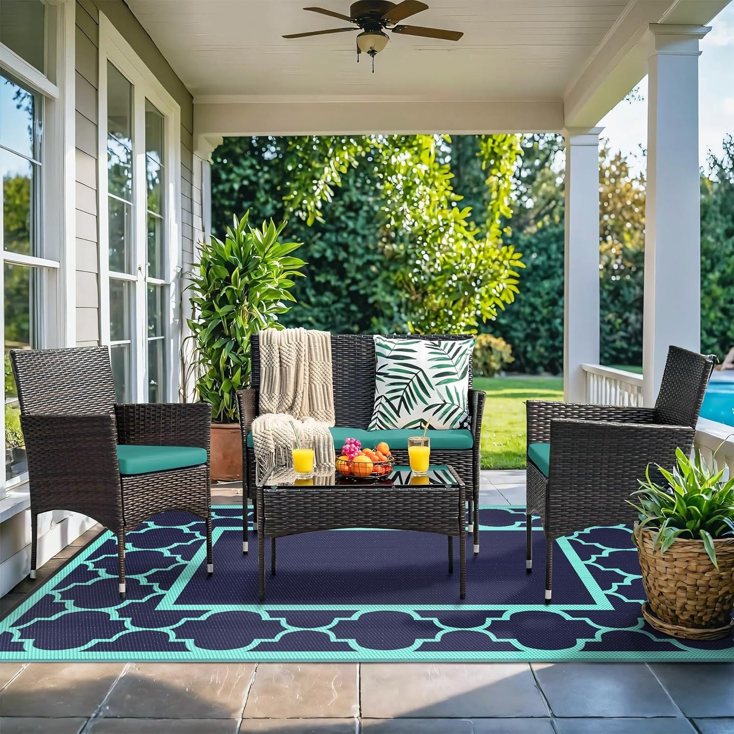 GENIMO 8 ' x 10 ' Outdoor Rug for Patio, Waterproof Indoor Outdoor Plastic Straw Rugs Carpet, Reversible Outside Area Mat for Camping, Balcony Porch, Deck, Picnic, Beach Navy Blue & Jade Green