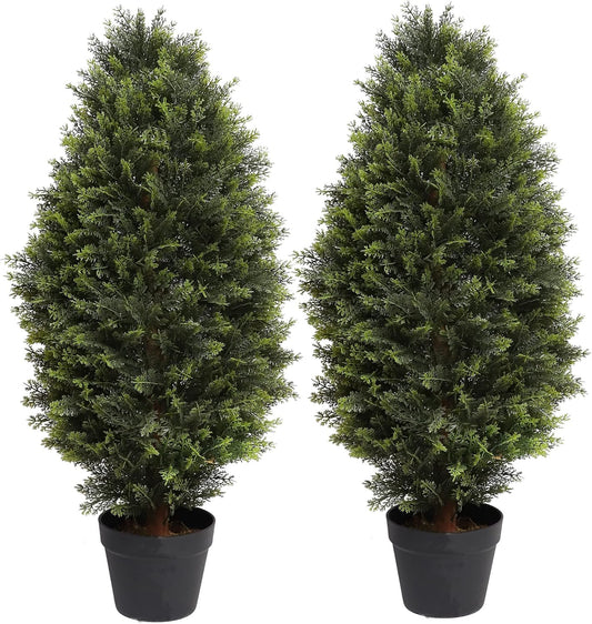 3FT Artificial Cedar Topiary Trees, Fake Cypress Trees Faux Pine Shrubs Plants, Evergreen Plants for Home Porch Decor Set of 2