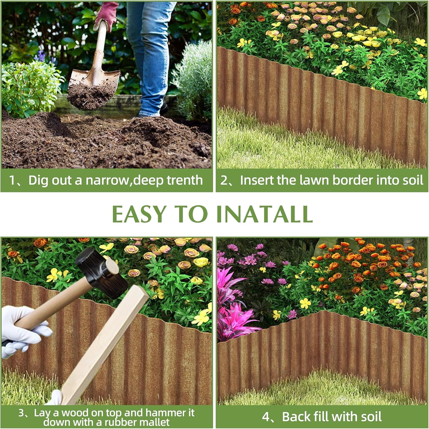 Metal Garden Edging Border, Corrugated Steel Landscaping, DIY for Lawn (Rusty, 8 Inch x 10FT)