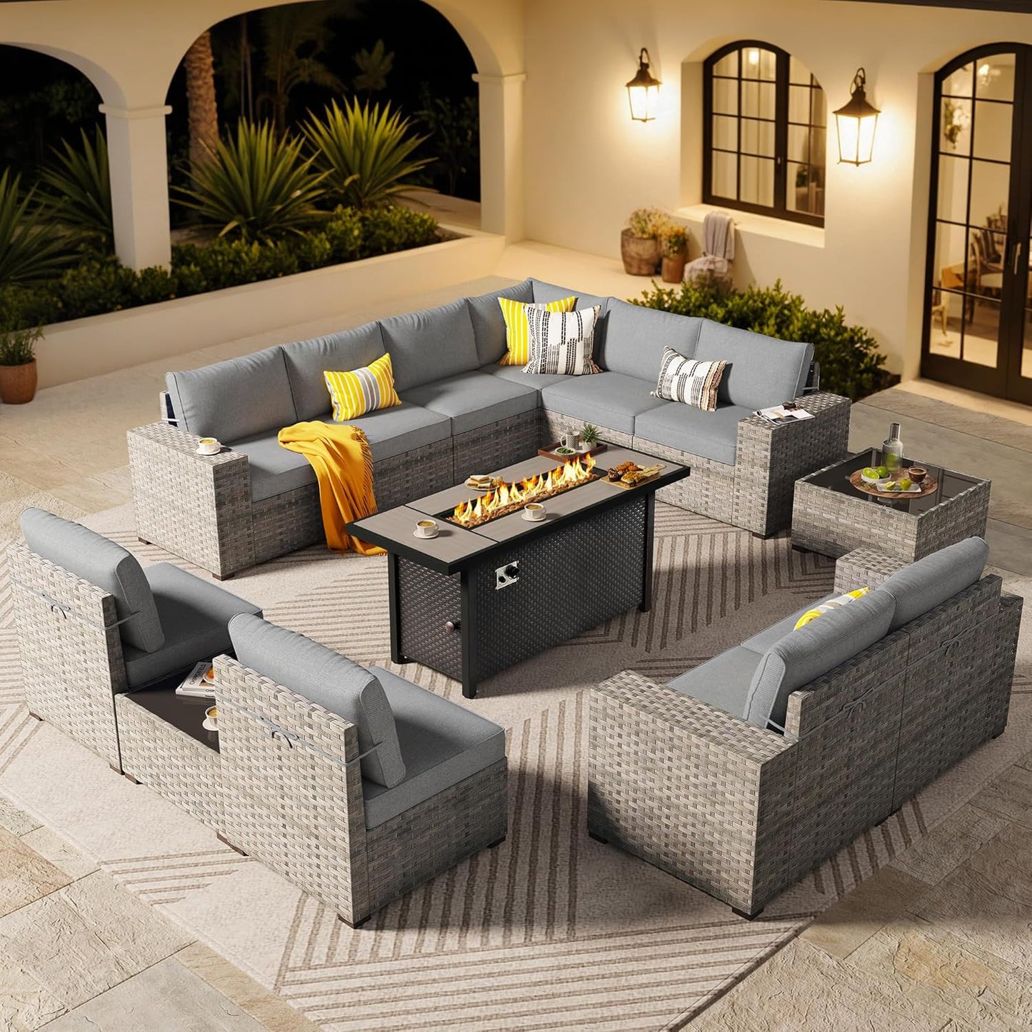 ovios 13 Pieces Patio Furniture Set, Outdoor Wicker Sectional Sofa with 54 Inch Fire Pit Table Comfy Cushions, Modern Modular Deep Seat Rattan Couch Conversation Set, Dark Grey