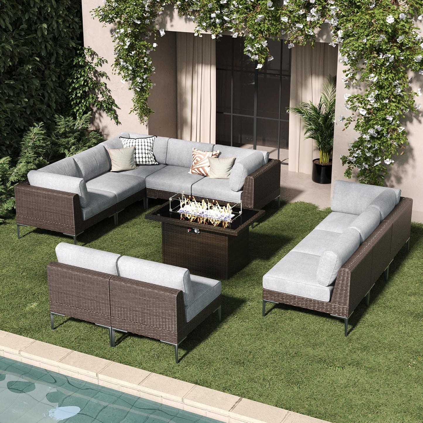 LayinSun 11-Piece Outdoor Modular Wicker Sectional Sofa with Fire Pit Table, Patio Furniture Conversation Set with Deep Seating and Thick Cushions