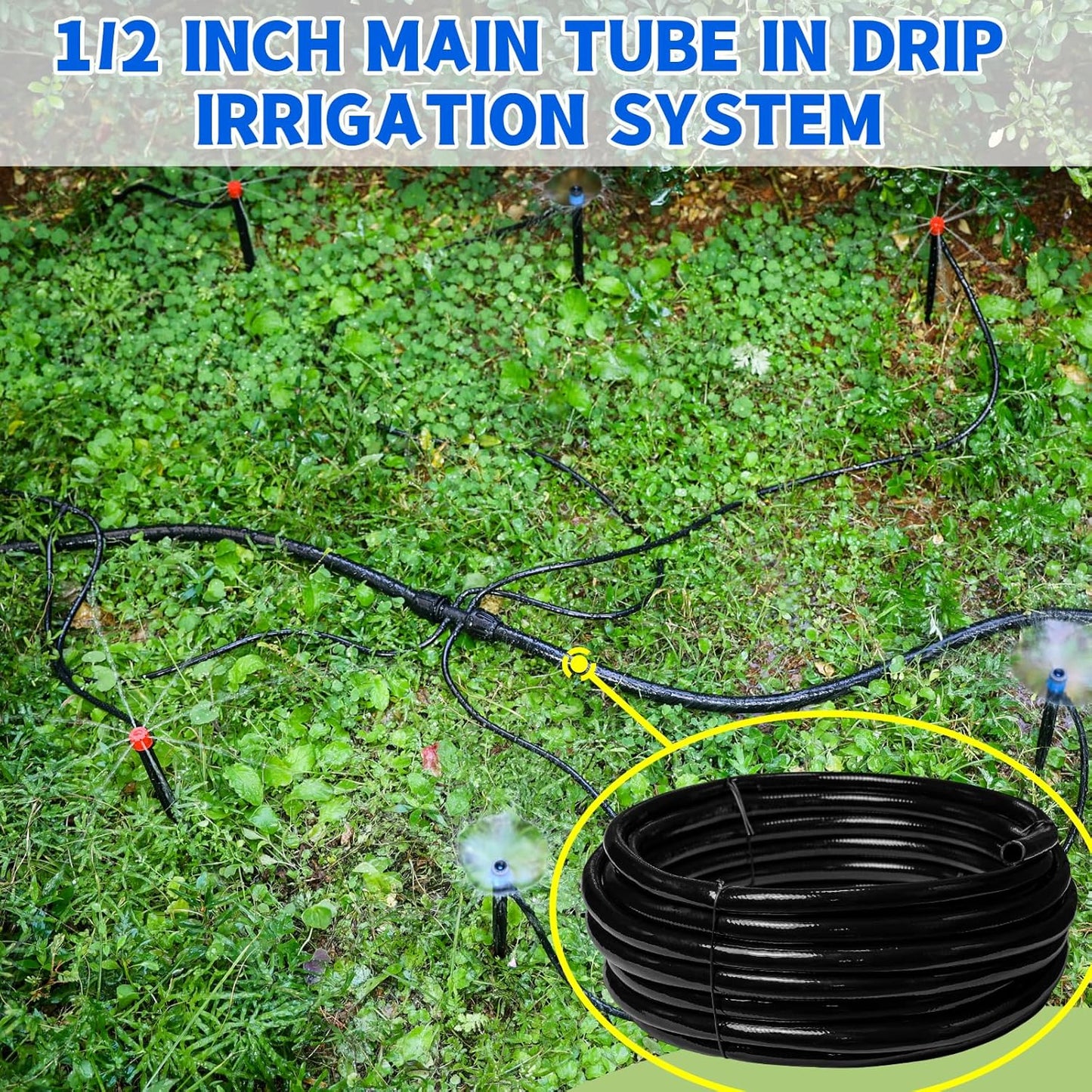 50 FT 1/2 Inch Drip Irrigation Tubing Main Drip Line Hose Tube for Garden Watering Landscape Irrigation System (Includes 2 Pack 6-Way Connector and 1/2" Straight Connector)