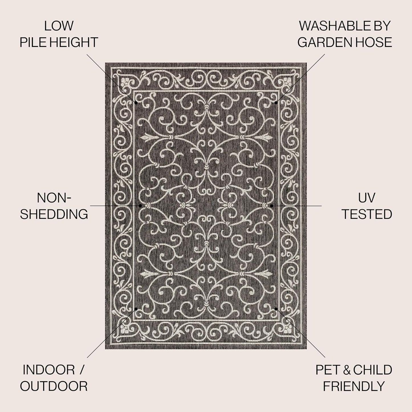 JONATHAN Y SMB106G-8R Charleston Vintage Filigree Textured Weave Black/Gray 8' Round Indoor/Outdoor Area Rug, Pet Friendly, Non-Shedding, Stain Resistant, Easy-Cleaning for Backyard, Patio, Porch