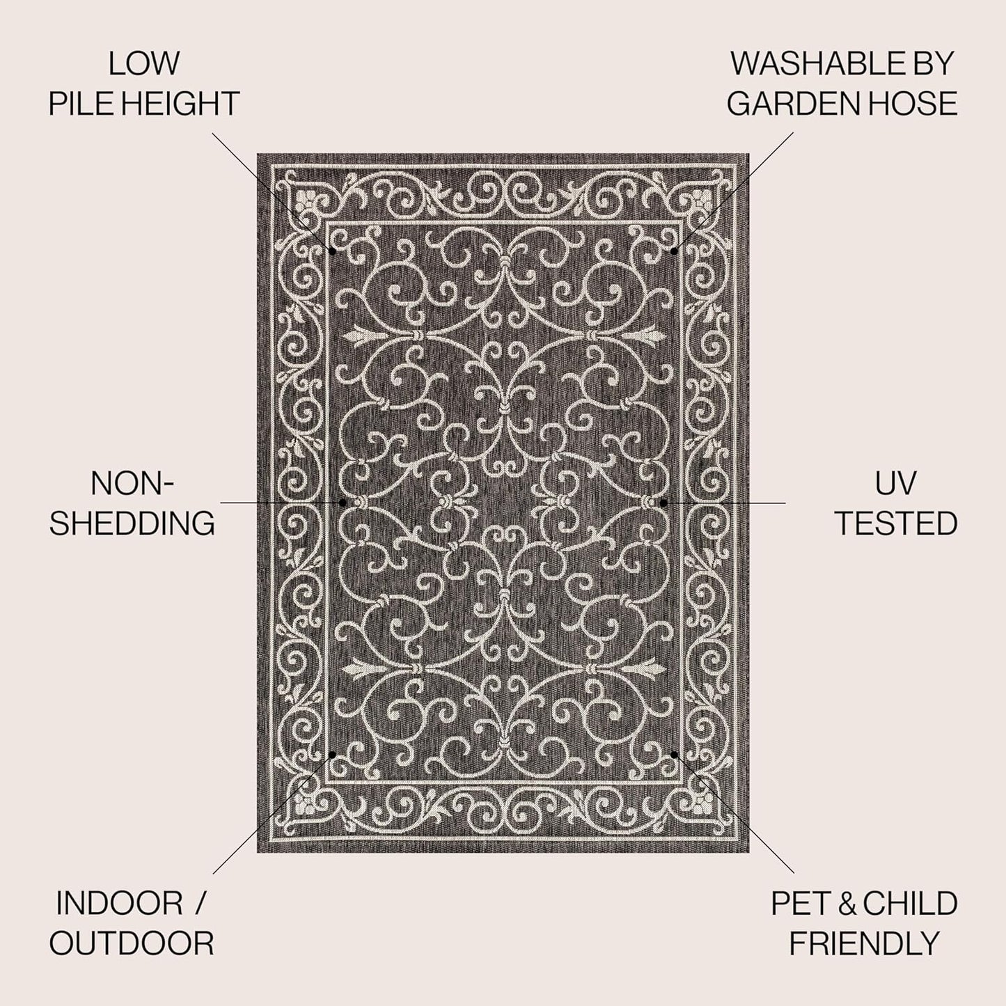 JONATHAN Y SMB106G-4 Charleston Vintage Filigree Textured Weave Indoor Outdoor Rug LivingRoom Backyard,4 X 6,Black/Gray