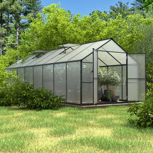 8x16 FT Polycarbonate Aluminum Greenhouse Kit, Outdoor Walk-in Green House with Adjustable Roof Vents and Lockable Door, Backyard Garden in Winter, Gray