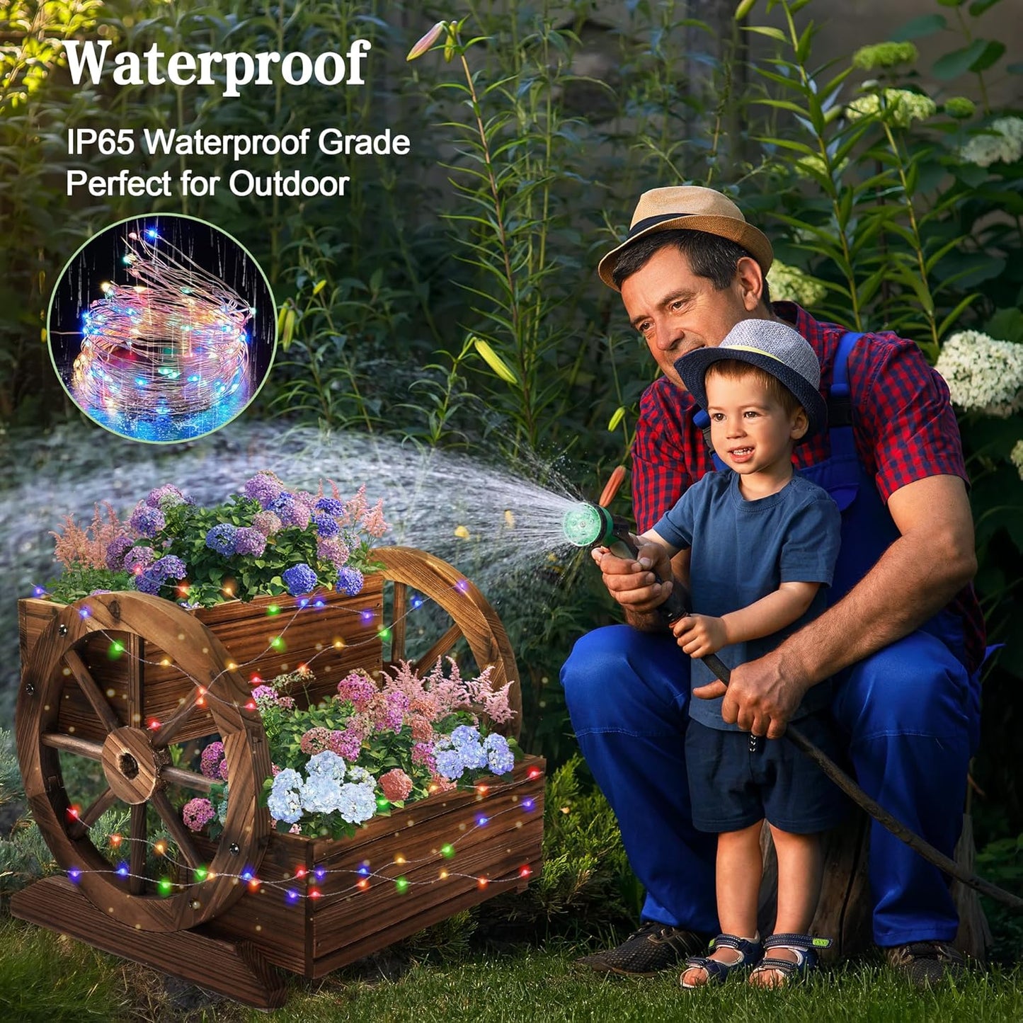 Wooden Wagon Planter Box with Solar Light, Garden Planter with Wheels,Decorative for Flowers Herbs Vegetables for Indoor & Outdoor Decor,Wooden Flower Cart for Patio Garden Balcony