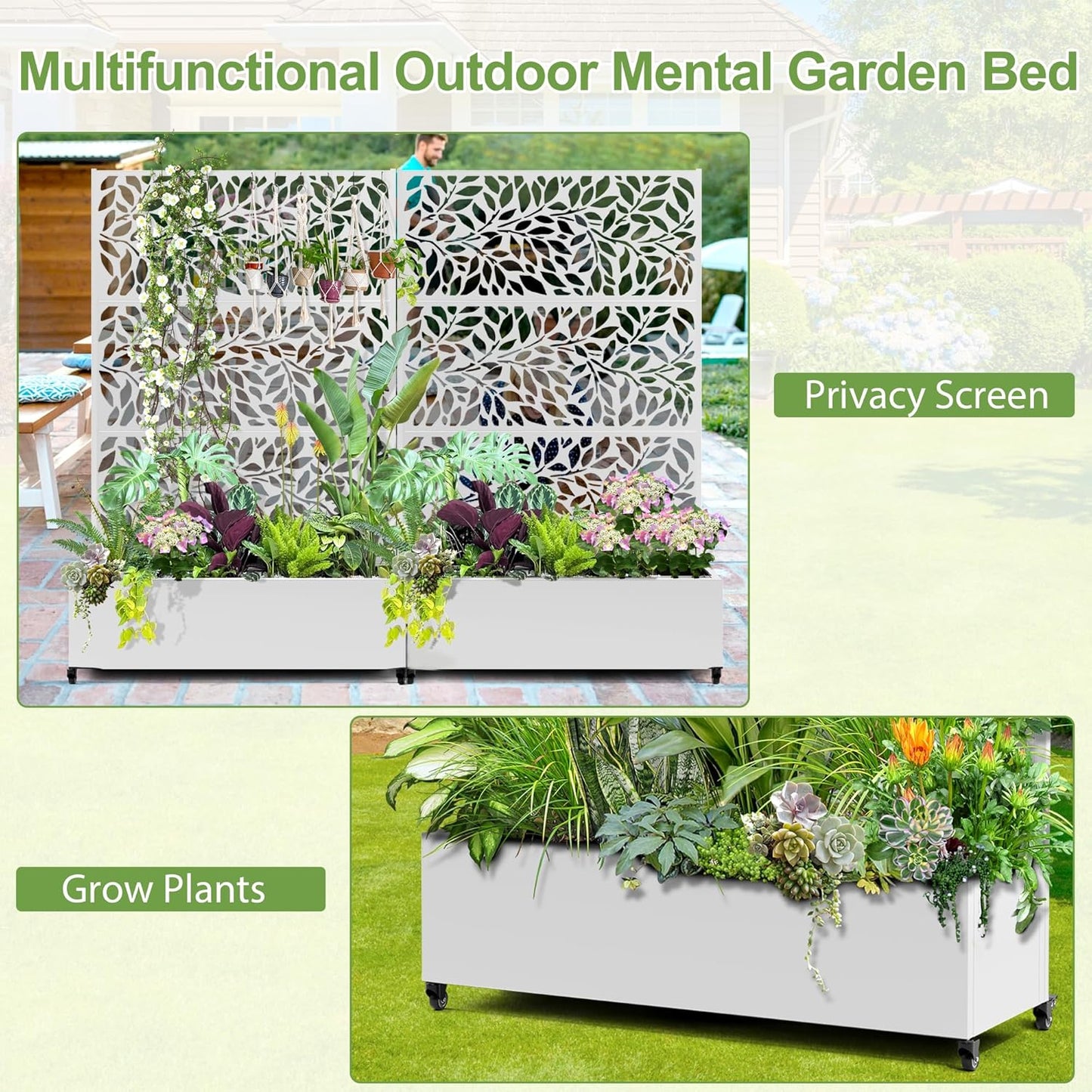 Raised Garden Bed with Trellis and Wheels,73"x47"x16" Metal Raised Garden Bed,White Flowing Leaf-2 Metal Planter with Climbing Trellis for Vines & Vegetables