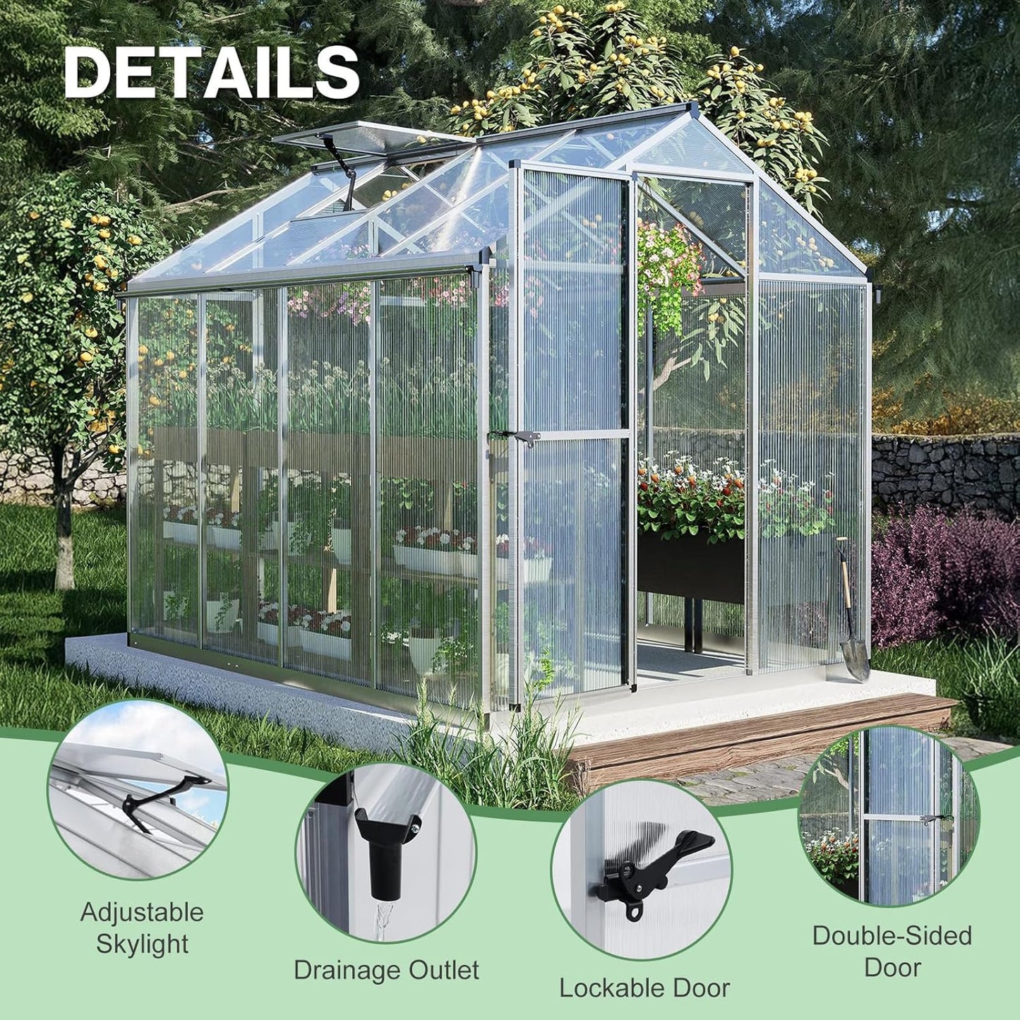 Aoodor 6 x 8 Ft Walk-in Greenhouse with Gutter, Polycarbonate and Heavy-Duty Aluminum Frame, Adjustment Skylight and Lockable 2-Sided Door for Patio, Outdoor, Yard, Lawn Use, Silver