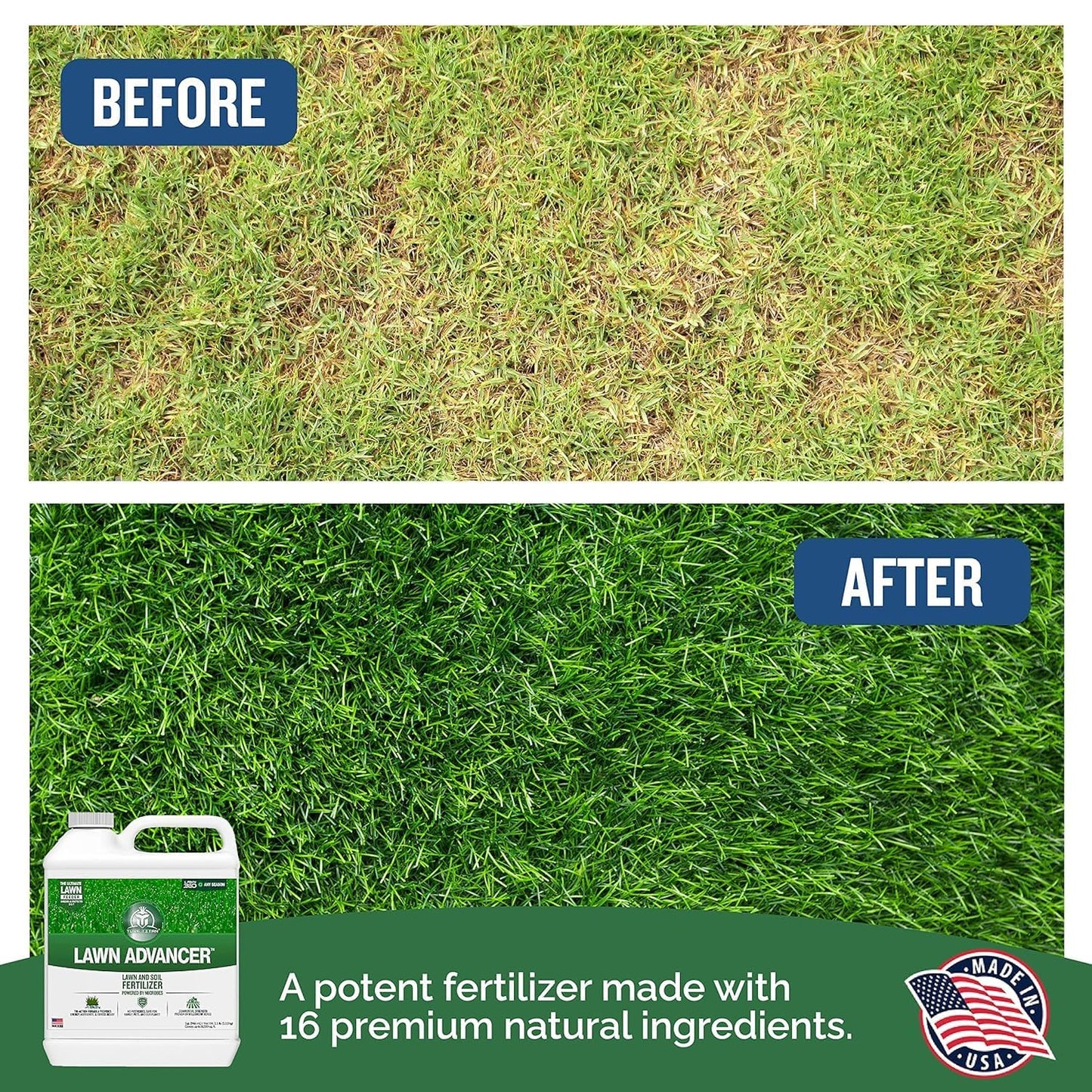 Turf Titan Lawn Advancer – Green Lawn Booster and Lawn Fertilizer (1 Gallon) – Fast Acting Grass Fertilizer w/Tri-Action Formula – Fertilizer Concentrate for Grass Growth - Covers up to 32,000 Sq Ft