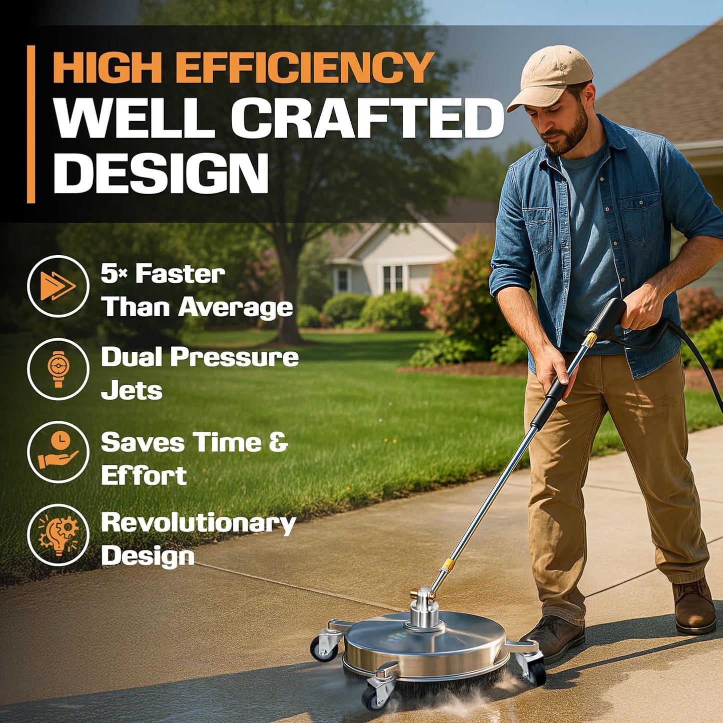 EDOU Pressure Washer Surface Cleaner - 20-Inch Stainless Steel Cleaner, 2 Replaceable Nozzles, 2 Washer Wand Attachments, 4 Wheels - 4000 PSI Maximum Pressure - 1/4" Quick Connector