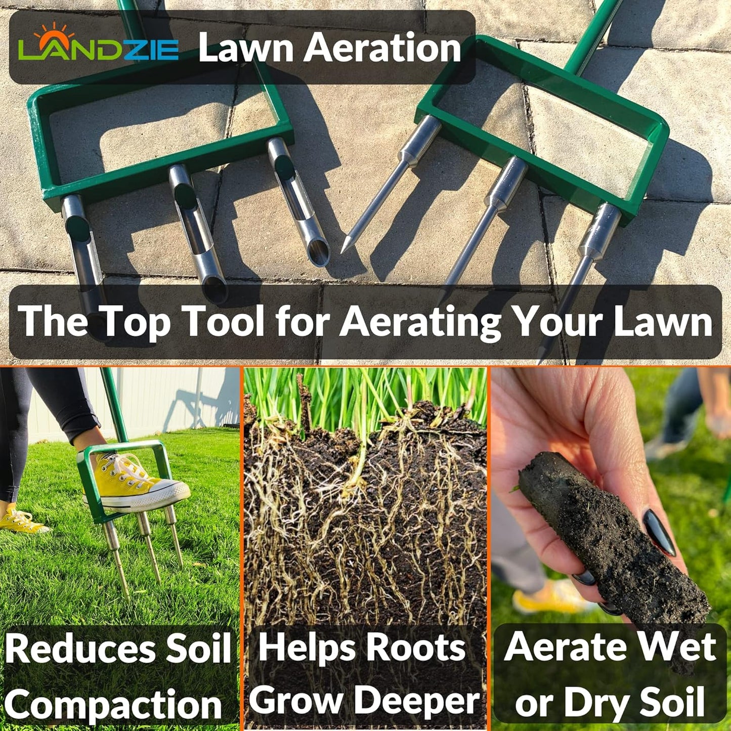 Landzie Hollow and Spike Tine Lawn Aerator Set - Includes 1 Aerator + Set of 3 Hollow Tines and 3 Spike Tines - 42 Inch Manual Stainless Steel Gardening Hand Tool - Grass Aerator Lawn Tool…