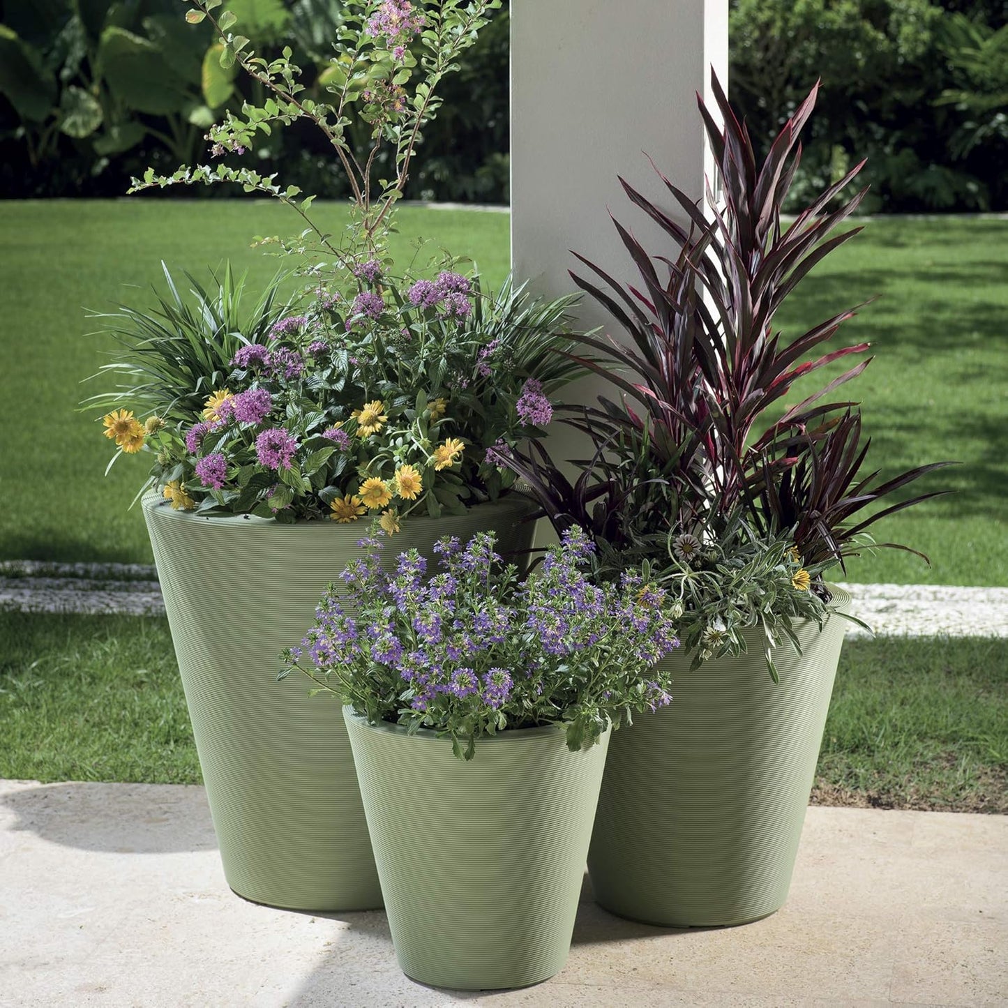 Crescent Garden Madison Planter– Weather-Resistant, Double Walled Indoor/Outdoor Plant Pot with Drain Hole – Durable All-Season Flower Container, 14" W (Olive)