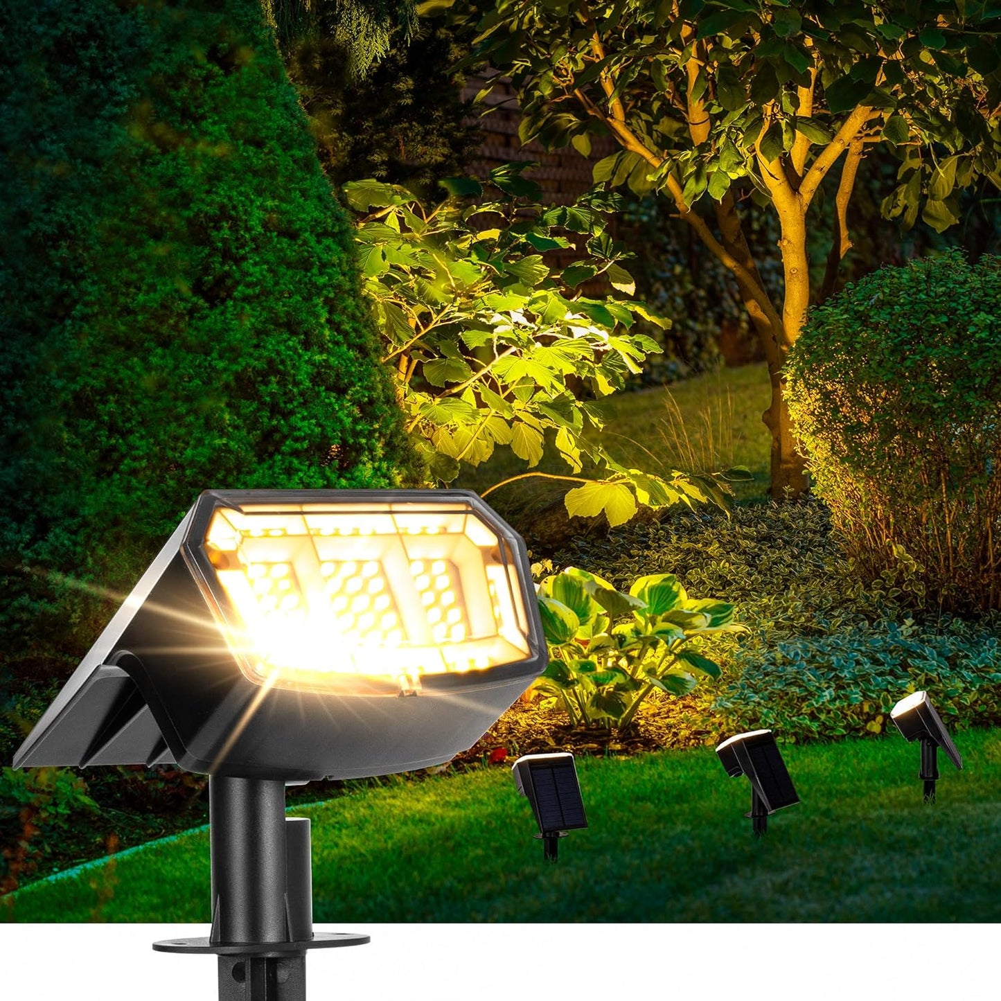 Solar spotlights Outdoor 63 LED 3 Lighting Modes, IP65 Waterproof Lighten Yard Garden House Garage Pathway for Christmas Decorations-2 Pack