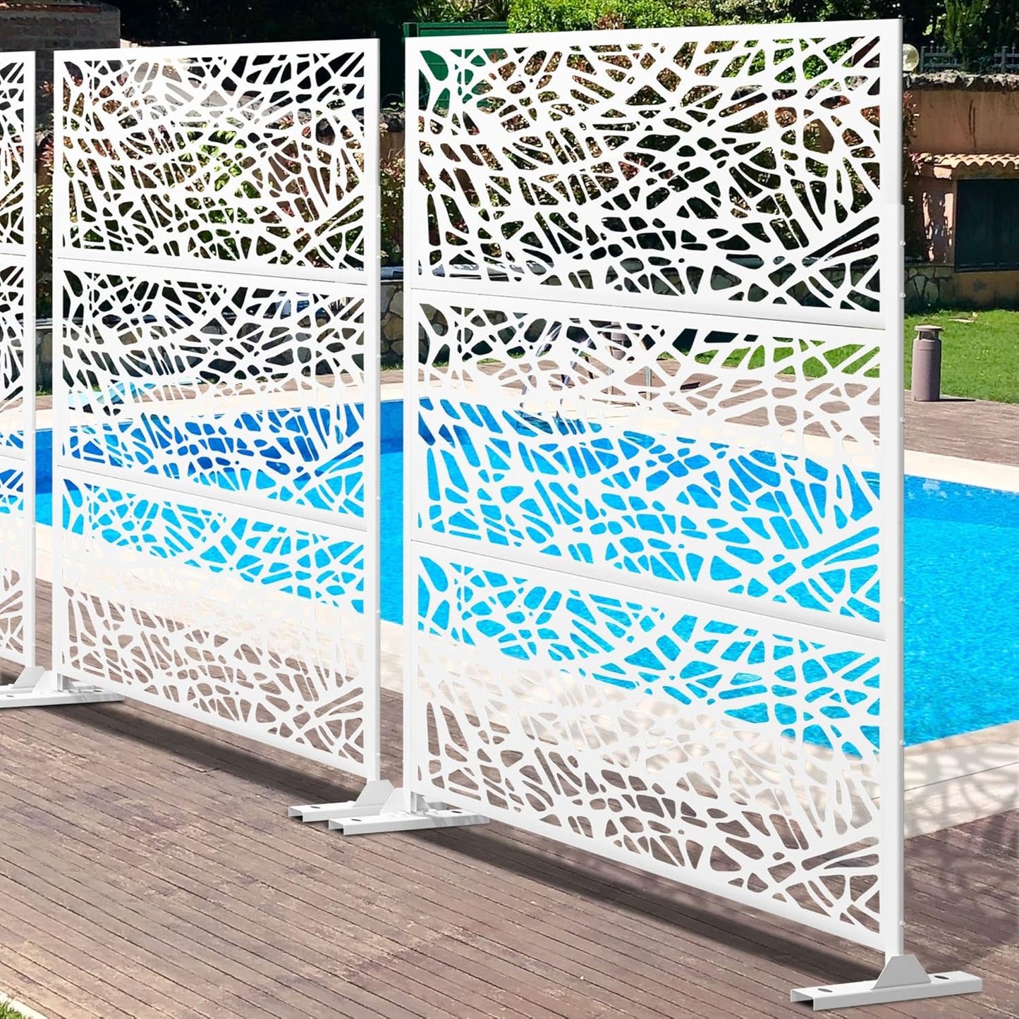 Metal Privacy Screen Outdoor 72" H×47" W,Freestanding Decorative Privacy Screen for Balcony Yard&Garden,Privacy Fence-White&Net