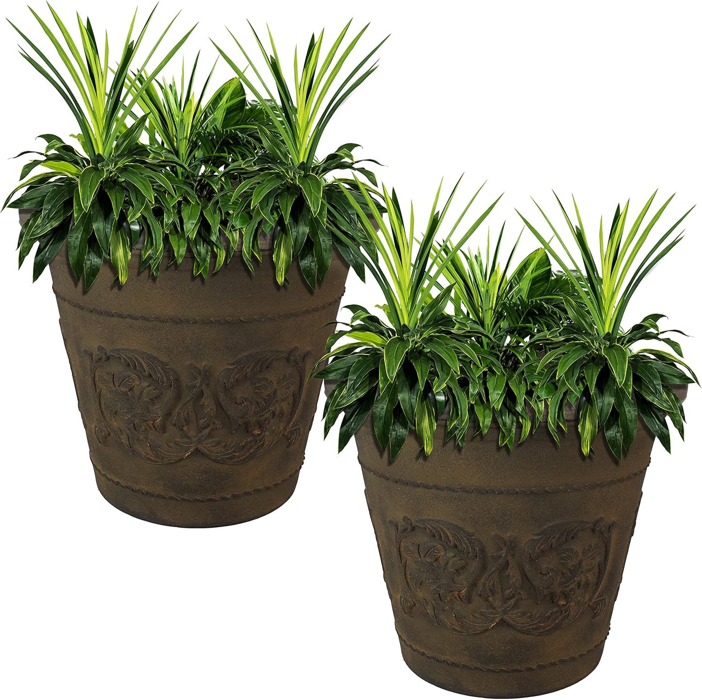 Sunnydaze 19.5-Inch Arabella Large Plant Pot - Polyresin Round Outdoor Planter with Drillable Drainage Holes - 2 Pack - Sable