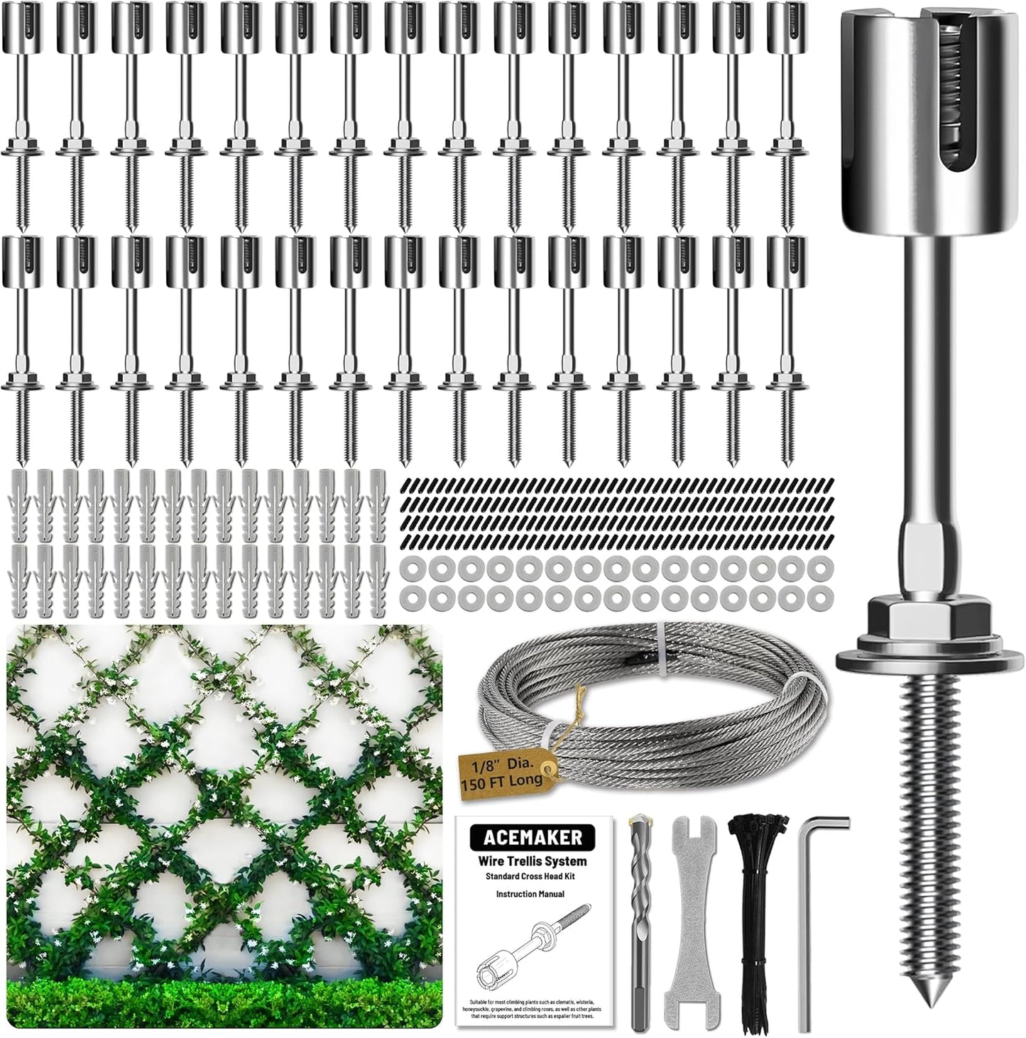 Wire Trellis for Climbing Plants Outdoor, 30-Set Wall Wire Trellis Kit with 1/8in x 150ft Stainless Steel Cable, T316 Espalier System for Fence and Garden DIY Projects