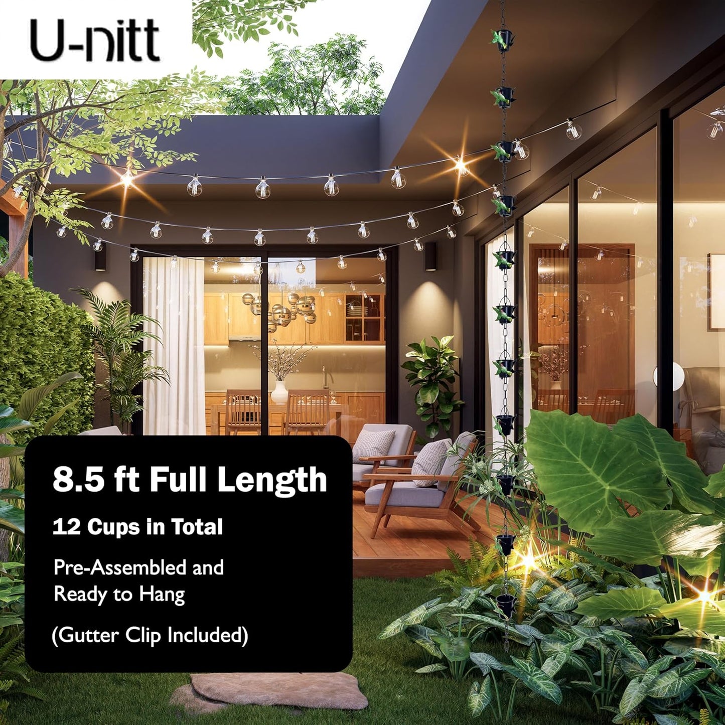 U-nitt Rain Chain Water Collection for Gutters, Rainwater Catcher & Diverter, 8.5 FT Chains for Outside Garden, Bird Bucket Cups, Roof Downspout, Works with Heavy Rain, w/Gutter Clip for Rainchains
