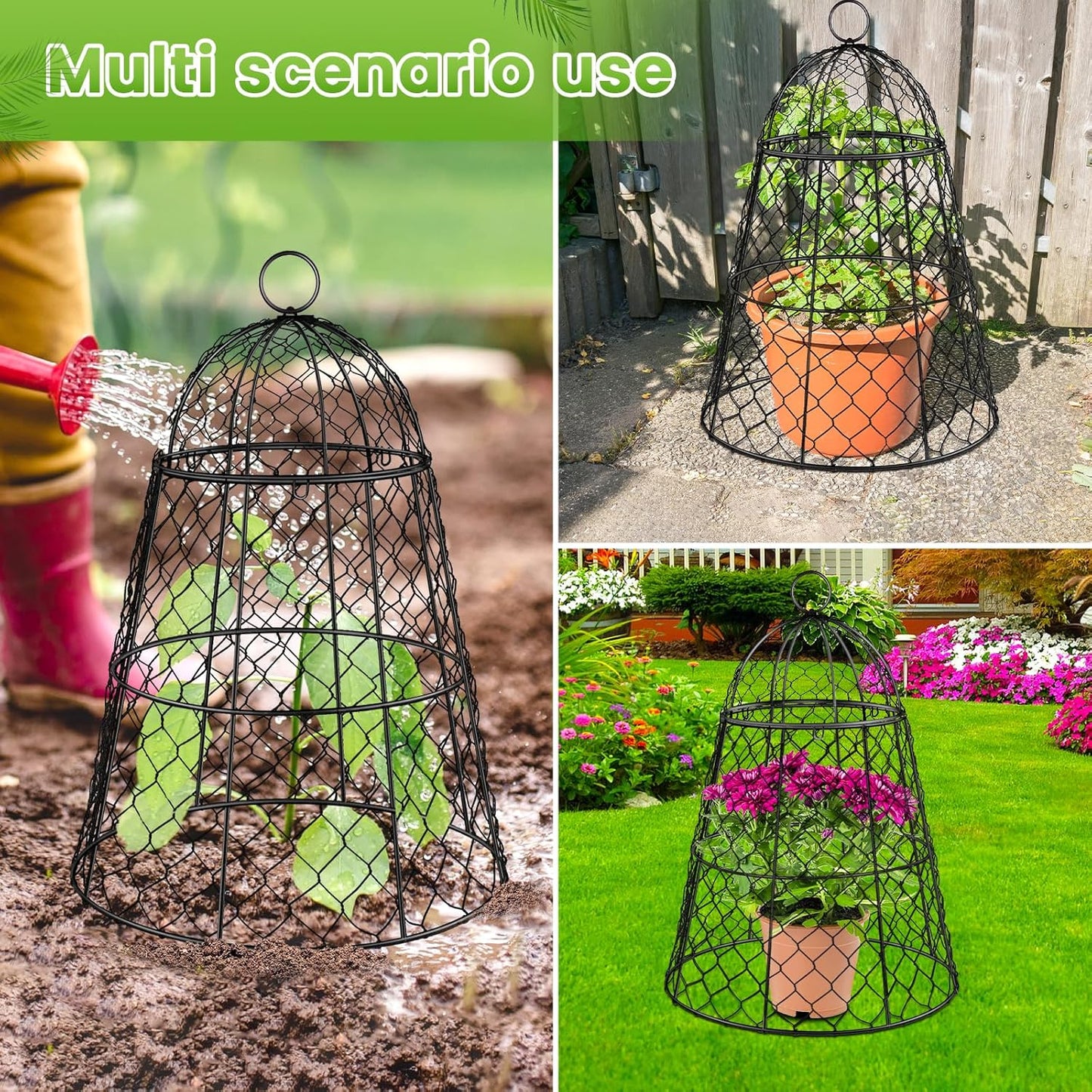 6 Pcs Garden Cloches for Plants, Metal Extra Large Chicken Wire Cloche Plant Covers, Garden Netting Plant Protectors from Animals to Keep Squirrel, Rabbit, Chicken and Bird Out 17" H x 13" D Black