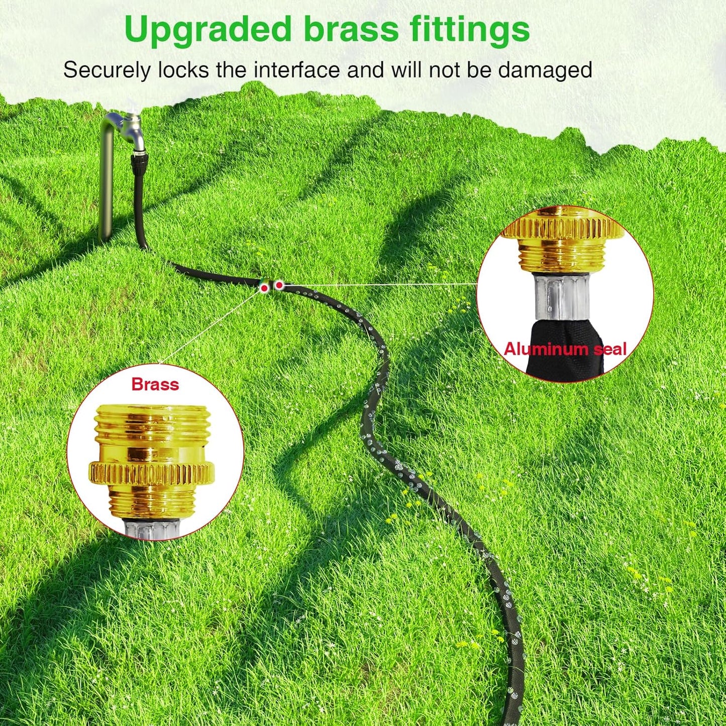 Mixc 2025-Thickened Flat Soaker Hose 200Ft with Copper Joint,Aluminum Seal,1mm Thickened Hose,360°Swival Handle and Inlet,Hole Pressure Relief Gasket,Drip Kit for Vegetable Garden,Lawn,Flower Bed