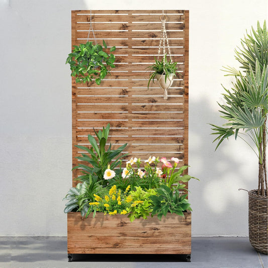 FENCY Metal Raised Garden Bed with Wheels and Trellis,73"x35"x16" Planter Box for Climbing Plants, Vegetables & Vines, Features Privacy Screen and Drainage Holes (Wood Color)